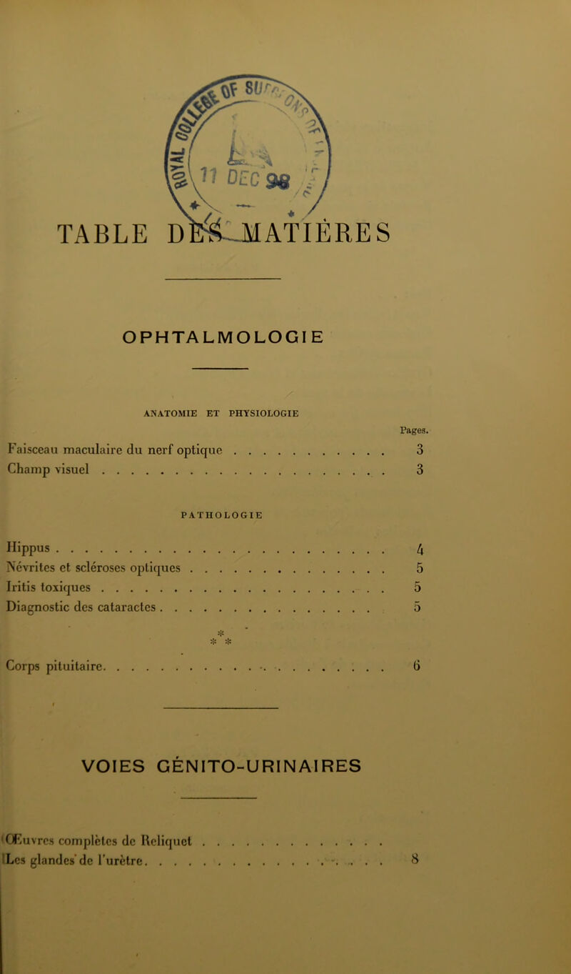 OPHTALMOLOGIE / ANATOMIE ET PHYSIOLOGIE F'aisceau maculaire du nerf optique Champ visuel PATHOLOGIE Hippus Névrites et scléroses optiques . . . Iritis toxiques Diagnostic des cataractes ^ :îî Corps pituitaire Pages. 3 3 4 5 5 5 6 VOIES GÉNITO-URINAIRES • Œuvres complètes de Rcliquct ILes glandes*de l’urètre. . . . 8