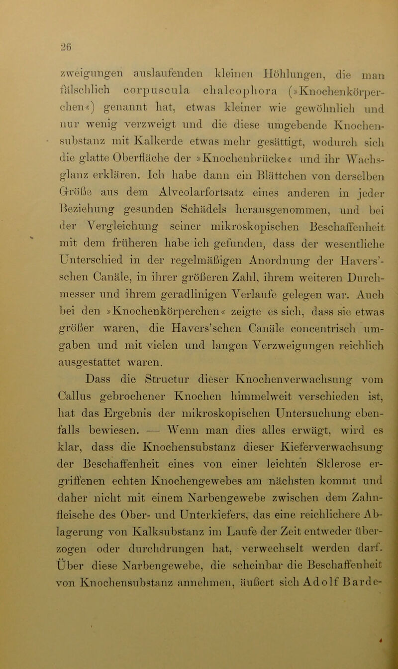 zweigungen auslaufenden kleinen Höhlungen, die man fälschlich corpuscula chalcophora (»Knochenkörper- chen«) genannt hat, etwas kleiner wie gewöhnlich und nur wenig verzweigt und die diese umgebende Knochen- substanz mit Kalkerde etwas mehr gesättigt, wodurch sich die glatte Oberfläche der »Knochenbr ticke« und ihr Wachs- glanz erklären. Ich habe dann ein Blättchen von derselben Größe aus dem Alveolarfortsatz eines anderen in jeder Beziehung gesunden Schädels herausgenommen, und bei der Vergleichung seiner mikroskopischen Beschaffenheit mit dem früheren habe ich gefunden, dass der wesentliche Unterschied in der regelmäßigen Anordnung der Havers’- schen Canäle, in ihrer größeren Zahl, ihrem weiteren Durch- messer und ihrem geradlinigen Verlaufe gelegen war. Auch bei den »Knochenkörperchen« zeigte es sich, dass sie etwas größer waren, die Havers’schen Canäle concentrisch um- gaben und mit vielen und langen Verzweigungen reichlich ausgestattet waren. Dass die Structur dieser Knochen Verwachsung vom Callus gebrochener Knochen himmelweit verschieden ist, hat das Ergebnis der mikroskopischen Untersuchung eben- falls bewiesen. — Wenn man dies alles erwägt, wird es klar, dass die Knochensubstanz dieser Kieferverwachsung der Beschaffenheit eines von einer leichten Sklerose er- griffenen echten Knochengewebes am nächsten kommt und daher nicht mit einem Narbengewebe zwischen dem Zahn- fleische des Ober- und Unterkiefers, das eine reichlichere Ab- lagerung' von Kalksubstanz im Laufe der Zeit entweder über- zogen oder durchdrungen hat, verwechselt werden darf. Über diese Narbengewebe, die scheinbar die Beschaffenheit von Knochensubstanz annehmen, äußert sich Adolf Barde- 4