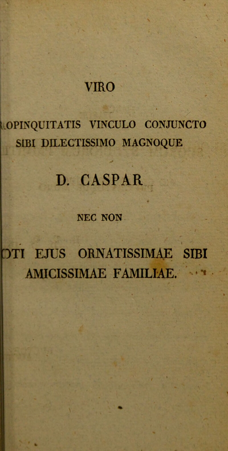 \ VIRO i « ‘i / l.OPINQUITATIS VINCULO CONJUNCTO SIBI DILECTISSIMO MAGNOQUE » * D. CASPAR « NEC NON i ’f . / OTI EJUS ORNATISSIMAE SIBI AMICISSIMAE FAMILIAE.