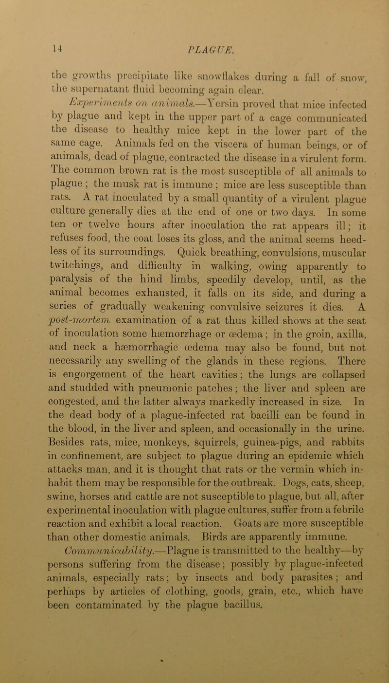 the gi’owtlis proci|)itatc like snowHakes during a fall of snow, the supernatant Huid becoming again clear, Lxpei‘i))ieiits on animals.—\ ersin proved that mice infected i^i^d kept in the upper part of a cage communicated the disease to healthy mice kept in the lower part of the same cage. Animals fed on the viscera of human beings, or of animals, dead of plague, contracted the disease in a virulent form. The common brown rat is the most susceptible of all animals to plague ; the musk rat is immune ; mice are less susceptible than rats. A rat inoculated by a small quantity of a virulent plague culture generally dies at the end of one or two days. In some ten or twelve hours after inoculation the rat appears ill; it refuses food, the coat loses its gloss, and the animal seems heed- less of its surroundings. Quick breathing, convulsions, muscular twitchings, and difficulty in walking, owing apparently to paralysis of the hind limbs, speedily develop, until, as the animal becomes exhausted, it falls on its side, and during a series of gradually weakening convulsive seizures it dies. A 'post-mortem examination of a rat thus killed shows at the seat of inoculation some haemorrhage or oedenia; in the groin, axilla, and neck a haemorrhagic oedema may also be found, but not necessarily any swelling of the glands in these regions. There is engorgement of the heart cavities; the lungs are collapsed and studded with pneumonic patches; the liver and spleen are congested, and the latter always markedly increased in size. In the dead body of a plague-infected rat bacilli can be found in the blood, in the liver and spleen, and occasionally in the urine; Besides rats, mice, monkeys, squirrels, guinea-pigs, and rabbits in confinement, are subject to plague during an epidemic which attacks man, and it is thought that rats or the vermin which in- habit them may be responsible for the outbreak. Dogs, cats, sheep, swine, horses and cattle are not susceptible to plague, but all, after experimental inoculation with plague cultures, suffer from a febrile reaction and exhibit a local reaction. Goats are more susceptible than other domestic animals. Birds are apparently immune. Communicability.—Plague is transmitted to the healthy—by persons suffering from the disease; possibly by plague-infected animals, especially rats; by insects and body parasites; and perhaps by articles of clothing, goods, grain, etc., which have been contaminated by the plague bacillus.