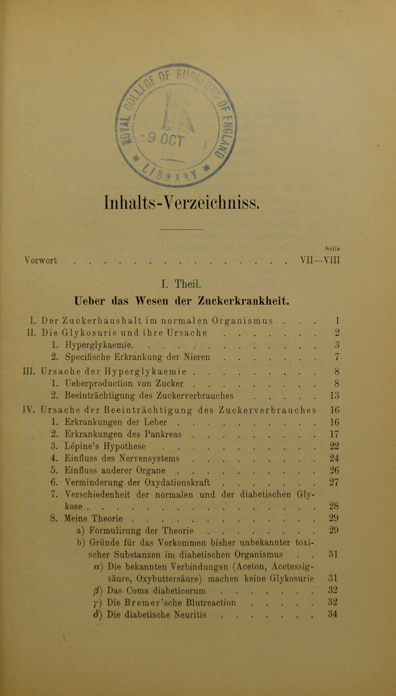 Inhalts-Verzeichiiiss. Seite Vorwort VII—Vlll I. Theil. lieber das Wesen der Zuckerkrankheit. L Der Zuckerhaiishalt im normalen Organismus ... 1 II. Die Glykosurie und ihre Ursache 2 1. Hyperglykaemie ‘6 2. Specifische Erkrankung der Nieren 7 III. Ursache der Hyperglykaemie 8 1. Ueberproduction von Zucker . 8 2. Beeinträchtigung des Zuckerverbrauches 13 IV. Ursache der Beeinträchtigung des Zuckerverbrauches 16 1. Erkrankungen der Leber 16 2. Erkrankungen des Pankreas 17 3. Lepine’s Hypothese 22 4. Einfluss des Nervensystems 24 5. Einfluss anderer Organe 26 6. Verminderung der Oxydationskraft 27 7. Verschiedenheit der normalen und der diabetischen Gly- kose 28 8. Meine Theorie 29 a) Formulirung der Theorie 29 b) Gründe für das Vorkommen bisher unbekannter toxi- scher Substanzen im diabetischen Organismus . . 31 «) Die bekannten Verbindungen (Aceton, Acetessig- säure, Oxybuttersäure) machen keine Glykosurie 31 fi) Das Coma diabeticorum 32 y) Die Bremer’sche Blutreaction 32 d) Die diabetische Neuritis 34
