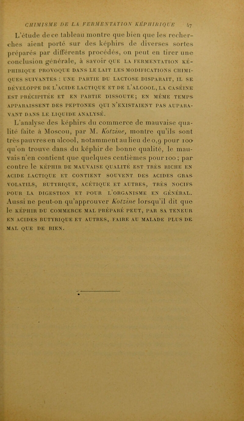 L’étude dece lal)leau montre que bien ([ue les rceher- <dies aient porté sur des ké|)liirs de diverses sortes pré[)arés par diÜerenls procédés, on j)eut en tirer une conclusion générale, à savoir que l\ FEUME>”r.vT[ON ké- PHIllIQUE PROVOQUE DANS LE LAIT LES MODIFICATIONS CHIMI- QUES SUIVANTES : UNE PARTIE DU LACTOSE DISPARAIT, IL SE DÉVELOPPE DE l’aCIDE LACTIQUE ET DE l’aLCOOL, LA CASEINE EST PRÉCIPITÉE ET EN PARTIE DISSOUTE; EN MÊME TEMPS APPARAISSENT DES PEPTONES QUI n’eXISTAIENT PAS AUPARA- VANT DANS LE LIQUIDE ANALYSÉ. L’analyse des képhirs du commerce de mauvaise qua- lité laite à Moscou, par M. Kotzine, montre qu’ils sont très pauvres en alcool, notamment au lieu de 0,9 pour 100 qu’on trouve dans du képhir de bonne qualité, le mau- vais n’en contient que quelques centièmes pour 100; par contre le képhir de m.auvaise qualité est très riche en ACIDE LACTIQUE ET CONTIENT SOUVENT DES ACIDES GRAS- A'OLATILS, BUTYRIQUE, ACETIQUE ET AUTRES, TRÈS NOCIFS POUR LA DIGESTION ET POUR l’oRGANISME EN GÉNÉRAL. Aussi ne peut-on qu’approuver Kotzine lorsqu’il dit que le KÉPHIR DU COMMERCE MAL PRÉPARÉ PEUT, PAR SA TENEUR EN ACIDES BUTYRIQUE ET AUTRES, FAIRE AU MALADE PLUS DE. MAL QUE DE BIEN.