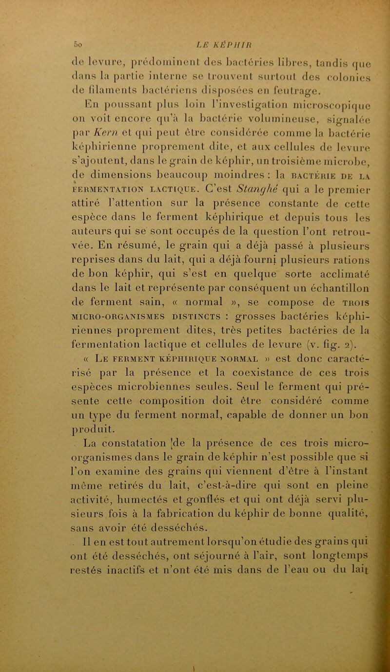 LE KJÊPHJIi 5o (le levure, prédominent des l)acléri(;s libres, tandis (pie dans la partie interne se trouvent surtout des eolonies de lilainents bactériens disposées en lenti-age. Fm poussant j)lns loin rinvestigation iniei-osco|)i(pic on voit encore qu’à la bactérie volmninense, signalée; par Kern et (|ui peut être considéi*ée comme la bactérie képhirienne proprement dite, et aux cellules de levure s’ajoutent, dans le grain de képhir, un troisième microbe, de dimensions beaucoup moindres : la râctéhie de l.v FERMENTATION LACTIQUE. C’est StciiKjké qui a le premier attiré l’attention sur la présence constante de cette espèce dans le ferment képhirique et depuis tous les auteurs qui se sont occupés de la question l’ont retrou- vée. En résumé, le grain qui a déjà passé à plusieurs reprises dans du lait, qui a déjà fourni plusieurs rations de bon képhir, qui s’est en quelque sorte acclimaté dans le lait et représente par conséquent un échantillon de ferment sain, « normal », se compose de trois MICRO-ORGANISMES DISTINCTS ! grosses bactéries képhi- riennes proprement dites, très petites bactéries de la fermentation lactique et cellules de levure (v. fig. 2). « Le ferment képhirique normal » est donc caracté- risé par la présence et la coexistance de ces trois espèces microbiennes seules. Seul le ferment qui pré- sente cetle composition doit être considéré comme un type du ferment normal, capable de donner un bon produit. La constatation Jde la présence de ces trois micro- organismes dans le grain de képhir n’est possible que si l’on examine des grains qui viennent d’être à l’instant même retirés du lait, c’est-à-dire qui sont en pleine activité, humectés et gonflés et qui ont déjà servi plu- sieurs fois à la fabrication du képhir de bonne qualité, sans avoir été desséchés. 11 en est tout autrement lorsqu’on étudie des grains qui ont été desséchés, ont séjourné à l’air, sont longtemps restés inactifs et n’ont été mis dans de l’eau ou du lait