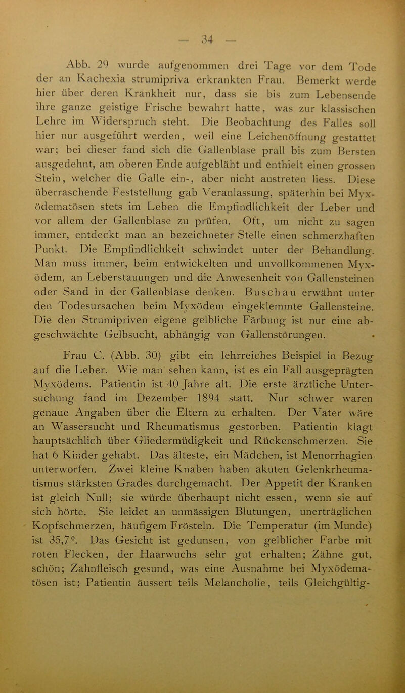 Abb. 29 wurde aufgenommen drei Tage vor dem Tode der an Kachexia strumipriva erkrankten Frau. Bemerkt werde hier über deren Krankheit nur, dass sie bis zum Lebensende ihre ganze geistige Frische bewahrt hatte, was zur klassischen Lehre im Widerspruch steht. Die Beobachtung des Falles soll hier nur ausgeführt werden, weil eine Leichenöffnung gestattet war; bei dieser fand sich die Gallenblase prall bis zum Bersten ausgedehnt, am oberen Ende aufgebläht und enthielt einen grossen Stein, welcher die Galle ein-, aber nicht austreten Hess. Diese überraschende Feststellung gab Veranlassung, späterhin bei Myx- ödematösen stets im Leben die Empfindlichkeit der Leber und vor allem der Gallenblase zu prüfen. Oft, um nicht zu sagen immer, entdeckt man an bezeichneter Stelle einen schmerzhaften Punkt. Die Empfindlichkeit schwindet unter der Behandlung. Man muss immer, beim entwickelten und unvollkommenen Myx- ödem, an Leberstauungen und die Anwesenheit von Gallensteinen oder Sand in der Gallenblase denken. Buschau erwähnt unter den Todesursachen beim Myxödem eingeklemmte Gallensteine. Die den Strumipriven eigene gelbliche Färbung ist nur eine ab- geschwächte Gelbsucht, abhängig von Gallenstörungen. Frau C. (Abb. 30) gibt ein lehrreiches Beispiel in Bezug auf die Leber. Wie man sehen kann, ist es ein Fall ausgeprägten Myxödems. Patientin ist 40 Jahre alt. Die erste ärztliche Unter- suchung fand im Dezember 1894 statt. Nur schwer waren genaue Angaben über die Eltern zu erhalten. Der Vater wäre an Wassersucht und Rheumatismus gestorben. Patientin klagt hauptsächlich über Gliedermüdigkeit und Rückenschmerzen. Sie hat 6 Kinder gehabt. Das älteste, ein Mädchen, ist Menorrhagien unterworfen. Zwei kleine Knaben haben akuten Gelenkrheuma- tismus stärksten Grades durchgemacht. Der Appetit der Kranken ist gleich Null; sie würde überhaupt nicht essen, wenn sie auf sich hörte. Sie leidet an unmässigen Blutungen, unerträglichen Kopfschmerzen, häufigem Frösteln. Die Temperatur (im Munde) ist 35,7°. Das Gesicht ist gedunsen, von gelblicher Farbe mit roten Flecken, der Plaarwuchs sehr gut erhalten; Zähne gut, schön; Zahnfleisch gesund, was eine Ausnahme bei Myxödema- tösen ist; Patientin äussert teils Melancholie, teils Gleichgültig-