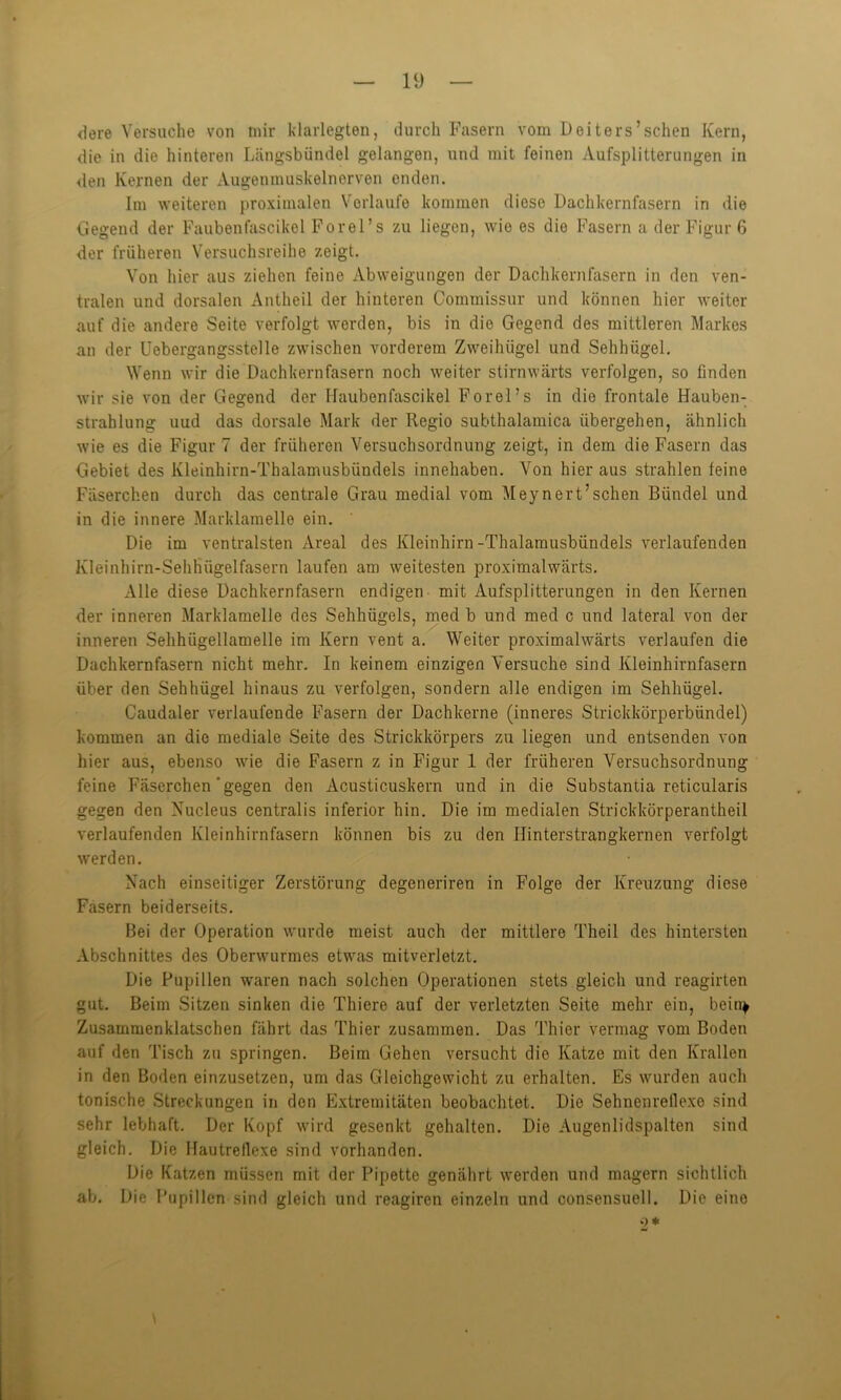 <lere Versuche von mir klarlegten, durch Fasern vom Deiters’sehen Kern, die in die hinteren Längsbündel gelangen, und mit feinen Aufsplitterungen in «len Kernen der Augenmuskelnerven enden. Im weiteren proximalen Verlaufe kommen diese Dachkernfasern in die Gegend der Faubenfascikel Forel’s zu liegen, wie es die Fasern a der Figur 6 der früheren Versuchsreihe zeigt. Von hier aus ziehen feine Abweigungen der Dachkernfasern in den ven- tralen und dorsalen Antheil der hinteren Commissur und können hier weiter auf die andere Seite verfolgt werden, bis in die Gegend des mittleren Markes an der Uebergangsstelle zwischen vorderem Zweihügel und Sehhügel. Wenn wir die Dachkernfasern noch weiter stirnwärts verfolgen, so finden wir sie von der Gegend der Haubenfascikel Forel’s in die frontale Haubem Strahlung uud das dorsale Mark der Regio subthalamica übergehen, ähnlich wie es die Figur 7 der früheren Versuchsordnung zeigt, in dem die Fasern das Gebiet des Kleinhirn-Thalamusbündels innehaben. Yon hier aus strahlen feine Fäserchen durch das centrale Grau medial vom Meynert’schen Bündel und in die innere Marklamelle ein. Die im ventralsten Areal des Kleinhirn-Thalamusbündels verlaufenden Kleinhirn-SehHügelfasern laufen am weitesten proximalwärts. Alle diese Dachkernfasern endigen mit Aufsplitterungen in den Kernen der inneren Marklamelle des Sehhügels, med b und med c und lateral von der inneren Sehhiigellamelle im Kern vent a. Weiter proximalwärts verlaufen die Dachkernfasern nicht mehr. In keinem einzigen Versuche sind Kleinhirnfasern über den Sehhügel hinaus zu verfolgen, sondern alle endigen im Sehhügel. Caudaler verlaufende Fasern der Dachkerne (inneres Strickkörperbündel) kommen an die mediale Seite des Strickkörpers zu liegen und entsenden von hier aus, ebenso wie die Fasern z in Figur 1 der früheren Versuchsordnung feine Fäserchen'gegen den Acusticuskern und in die Substantia reticularis gegen den Nucleus centralis inferior hin. Die im medialen Strickkörperantheil verlaufenden Kleinhirnfasern können bis zu den Ilinterstrangkernen verfolgt werden. Nach einseitiger Zerstörung degeneriren in Folge der Kreuzung diese Fasern beiderseits. Bei der Operation wurde meist auch der mittlere Theil des hintersten Abschnittes des Oberwurmes etwas mitverletzt. Die Pupillen waren nach solchen Operationen stets gleich und reagirten gut. Beim Sitzen sinken die Thiere auf der verletzten Seite mehr ein, bein* Zusammenklatschen fährt das Thier zusammen. Das Thier vermag vom Boden auf den Tisch zu springen. Beim Gehen versucht die Katze mit den Krallen in den Boden einzusetzen, um das Gleichgewicht zu erhalten. Es wurden auch tonische Streckungen in den Extremitäten beobachtet. Die Sehnenreflexe sind sehr lebhaft. Der Kopf wird gesenkt gehalten. Die Augenlidspalten sind gleich. Die Hautreflexe sind vorhanden. Die Katzen müssen mit der Pipette genährt werden und magern sichtlich ab. Die Pupillen sind gleich und reagiren einzeln und consensuell. Die eine o* \