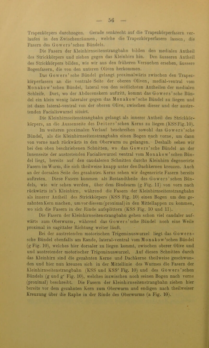 Trapezkörpers durchzogen. Gerade senkrecht auf die Trapezkörperfasern ver- laufen in den Zwischenräumen, welche die Trapezkörperfasern lassen, die Fasern des Gowers’schen Bündels. Die Fasern der Kleinhirnseitenstrangbahn bilden den medialen Antheil des Strickkörpers und ziehen gegen das Kleinhirn hin. Den äusseren Antheil des Strickkörpers bilden, wie wir aus den früheren Versuchen ersehen, äussere Bogenfasern, die von den unteren Oliven herkommen. Das Gowers’sche Bündel gelangt proximalwärts zwischen den Trapez- körperfasern an die ventrale Seite der oberen Oliven, medial-ventral vom Monakow’sehen Bündel, lateral von den seitlichsten Antheilen der medialen Schleife. Dort, wo der Abduccnskern auftritt, kommt das Gowers’sche Bün- del ein klein wenig lateraler gegen das Monakow’schc Bündel zu liegen und ist dann lateral-ventral von der oberen Olive, zwischen dieser und der austre- tenden Facialiswurzel situirt. Die Kleinhirnseitenstrangbahn gelangt als innerer Antheil des Strickkör- körpers, an die Aussenseite des Deiters’sehen Kerns zu liegen (KSSFig. 10). Im weiteren proximalen Verlauf beschreiben sowohl das Gowers’sche Bündel, als die Kleinhirnseitenstrangbahn einen Bogen nach vorne, um dann von vorne nach rückwärts in den Oberwurm zu gelangen. Deshalb sehen wir bei den oben beschriebenen Schnitten, wo das Gowers’sche Bündel an der Innenseite der austretenden Facialiswurzel ventral vom Monakow’sehen Bün- del liegt, bereits auf den caudaleren Schnitten durchs Kleinhirn degenerirte Fasern im Wurm, die sich theilweise knapp unter den Dachkernen kreuzen. Auch an der dorsalen Seite des gezahnter. Kerns sehen wir degenerirte Fasern bereits auftreten. Diese Fasern kommen als Bestandtheile des Gowers’schen Bün- dels, wie wir sehen werden, über dem Bindearm (g Fig. 11) von vorn nach rückwärts in’s Kleinhirn, während die Fasern der Kleinhirnseitenstrangbahn als innerer Antheil des Strickkörpers (KSS Fig. 10) einen Bogen um den ge- zahnten Kern machen, um vor diesem (proximal) in den Mittellappen zu kommen, wo sich die Fasern in der Rinde aufsplittern (KSS Fig. 10 und 11). Die Fasern der Kleinhirnseitenstrangbahn gehen schon viel caudaler auf- wärts zum Oberwurm, während das Gow'ers’sche Bündel noch eine Weile proximal in sagittaler Richtung weiter läuft. Bei der austretenden motorischen Trigeminuswurzel liegt das Gowers- sche Bündel ebenfalls am Rande, lateral-ventral vom Monakow’schen Bündel (g Fig. 10), welches hier dorsaler zu liegen kommt, zwischen oberer Olive und und austretender motorischer Trigeminuswurzel. Auf diesen Schnitten durch das Kleinhirn sind die gezahnten Kerne und Dachkerne theilweise geschwun- den und hier nun kreuzen sich in der Mittellinie des Wurmes die Fasern der Kleinhirnseitenstrangbahn (KSS und KSS' Fig. 10) und des Gowers’schen Bündels (g und g' Fig. 10), welches inzwischen noch seinen Bogen nach vorne (proximal) beschreibt. Die Fasern der Kleinhirnseitenstrangbahn ziehen hier bereits vor dem gezahnten Kern zum Oberwurm und endigen nach theilweiser Kreuzung über die Raphe in der Rinde des Oberwurms (a Fig. 10).