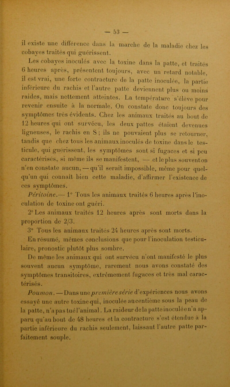 il existe une différence dans la marche de la maladie chez les cobayes traités qui guérissent. Les cobayes inoculés avec la toxine dans la patte, et traités 6 heures après, présentent toujours, avec un retard notable, 11 est vrai, une forte contracture de la patte inoculée, la partie inférieure du rachis et 1 autre patte deviennent plus ou moins raides, mais nettement atteintes. La température s’élève pour revenir ensuite à la normale. On constate donc toujours des symptômes très évidents. Chez les animaux traités au bout de 12 heures qui ont survécu, les deux pattes étaient devenues ligneuses, le rachis en S ; ils ne pouvaient plus se retourner, tandis que chez tous les animaux inoculés de toxine dans le tes- ticule, qui guérissent, les symptômes sont si fugaces et si peu caractérisés, si même ils se manifestent, — et le plus souvent on n’en constate aucun, — qu’il serait impossible, même pour quel- qu’un qui connaît bien cette maladie, d’affirmer l’existence de ces symptômes. Péritoine.— 1° Tous les animaux traités 6 heures après l’ino- culation de toxine ont guéri. 2° Les animaux traités 12 heures après sont morts dans la proportion de 2/3. 3° Tous les animaux traités 24 heures après sont morts. En résumé, mêmes conclusions que pour l'inoculation testicu- laire, pronostic plutôt plus sombre. De même les animaux qui ont survécu n’ont manifesté le plus souvent aucun symptôme, rarement nous avons constaté des symptômes transitoires, extrêmement fugaces et très mal carac- térisés. Poumon. — Dans une première série d’expériences nous avons essayé une autre toxine qui, inoculée au centième sous la peau de la patte, n’a pas tué l’animal. La raideur delà patte inoculée n a ap- paru qu'au bout de 48 heures et la contracture s est étendue a la partie inférieure du rachis seulement, laissant 1 autre patte par- faitement souple.