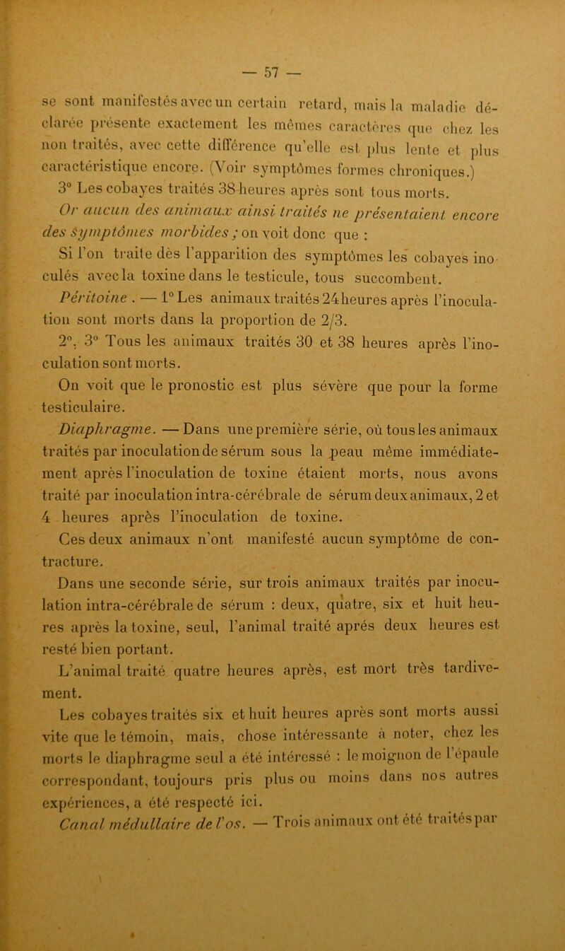 se sont manifestés avec un certain retard, mais la maladie dé- clarée présente exactement les mêmes caractères que chez les non traités, avec cette différence qu’elle est plus lente et plus caractéristique encore. (Voir symptômes formes chroniques.) 3° Les cobayes traités 38 heures après sont tous morts. Ci (incnil des animaux ainsi treûtes ne presentciient encore des Symptômes morbides ; on voit donc que : Si 1 on traite dès 1 apparition des symptômes les cobayes ino- culés avec la toxine dans le testicule, tous succombent. Péritoine . — l°Les animaux traités 24heures après l’inocula- tion sont morts dans la proportion de 2/3. 2°, 3° Tous les animaux traités 30 et 38 heures après l’ino- culation sont morts. On voit que le pronostic est plus sévère que pour la forme testiculaire. Diaphragme. —Dans une première série, où tous les animaux traités par inoculation de sérum sous la peau même immédiate- ment après l’inoculation de toxine étaient morts, nous avons traité par inoculation intra-cérébrale de sérum deux animaux, 2 et 4 heures après l’inoculation de toxine. Ces deux animaux n’ont manifesté aucun symptôme de con- tracture. Dans une seconde série, sur trois animaux traités par inocu- lation intra-cérébrale de sérum : deux, quatre, six et huit heu- res après la toxine, seul, l’animal traité après deux heures est resté bien portant. L’animal traité quatre heures après, est mort très tardive- ment. Les cobayes traités six et huit heures après sont morts aussi vite que le témoin, mais, chose intéressante a noter, chez les morts le diaphragme seul a été intéressé : le moignon de 1 épaule correspondant, toujours pris plus ou moins dans nos auties expériences, a été respecté ici. Canal médullaire de l'os. — Trois animaux ont été traitéspar