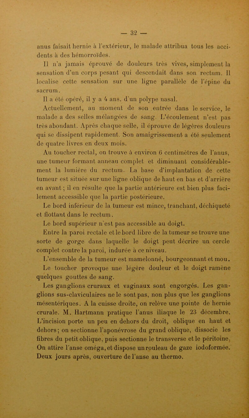 anus faisait hernie à l’extérieur, le malade attribua tous les acci- dents à des hémorroïdes. Il n’a jamais éprouvé de douleurs très vives, simplement la sensation d’un corps pesant qui descendait dans son rectum. Il localise cette sensation sur une ligne parallèle de l’épine du sacrum. Il a été opéré, il y a 4 ans, d’un polype nasal. Actuellement, au moment de son .entrée dans le service, le malade a des selles mélangées de sang. L’écoulement n’est pas très abondant. Après chaque selle, il éprouve de légères douleurs qui se dissipent rapidement. Son amaigrissement a été seulement de quatre livres en deux mois. Au toucher rectal, on trouve à environ 6 centimètres de l’anus, une tumeur formant anneau complet et diminuant considérable- ment la lumière du rectum. La base d’implantation de cette tumeur est située sur une ligne oblique de haut en bas et d’arrière en avant ; il en résulte que la partie antérieure est bien plus faci- lement accessible que la partie postérieure. Le bord inférieur de la tumeur est mince, tranchant, déchiqueté et flottant dans le rectum. Le bord supérieur n'est pas accessible au doigt. Entre la paroi rectale et le bord libre de la tumeur se trouve une sorte de gorge dans laquelle le doigt peut décrire un cercle complet contre la paroi, indurée à ce niveau. L’ensemble de la tumeur est mamelonné, bourgeonnant et mou. Le toucher provoque une légère douleur et le doigt ramène quelques gouttes de sang. Les ganglions cruraux et vaginaux sont engorgés. Les gan- glions sus-claviculaires ne le sont pas, non plus que les ganglions mésentériques. A la cuisse droite, on relève une pointe de hernie crurale. M. Hartmann pratique l’anus iliaque le 23 décembre. L’incision porte un peu en dehors du droit, oblique en haut et dehors ; on sectionne l’aponévrose du grand oblique, dissocie les fibres du petit oblique, puis sectionne le transverse et le péritoine. On attire l’anse oméga, et dispose un rouleau de gaze iodoformée. Deux jours après, ouverture de l’anse au thermo.