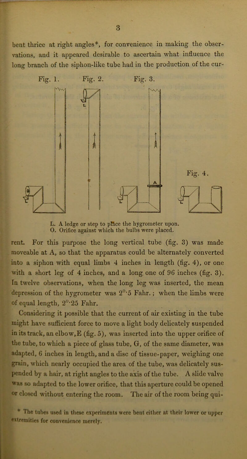 bent thrice at right angles*, for convenience in making the obser- vations, and it appeared desirable to ascertain what influence the long branch of the siphon-like tube had in the production of the cur- Fig. 1. Fig. 3. 1 L. A ledge or step to pllce the hygrometer upon. O. Orifice against -which the bulbs were placed. rent. For this purpose the long vertical tube (fig. 3) was made moveable at A, so that the apparatus could be alternately converted into a siphon with equal limbs 4 inches in length (fig. 4), or one with a short leg of 4 inches, and a long one of 96 inches (fig. 3). In twelve observations, when the long leg was inserted, the mean depression of the hygrometer was 2°*5 Fahr.; when the limbs were of equal length, 2*25 Fahr. Considering it possible that the current of air existing in the tube might have sufficient force to move a light body delicately suspended in its track, an elbow,E (fig. 5), was inserted into the upper orifice of the tube, to which a piece of glass tube, G, of the same diameter, was adapted, 6 inches in length, and a disc of tissue-paper, weighing one grain, which nearly occupied the area of the tube, was delicately sus- pended by a hair, at right angles to the axis of the tube. A slide valve was so adapted to the lower orifice, that this aperture could be opened or closed without entering the room. The air of the room being qui- * The tubes used in these experiments were bent either at their lower or upper extremities for convenience merely.