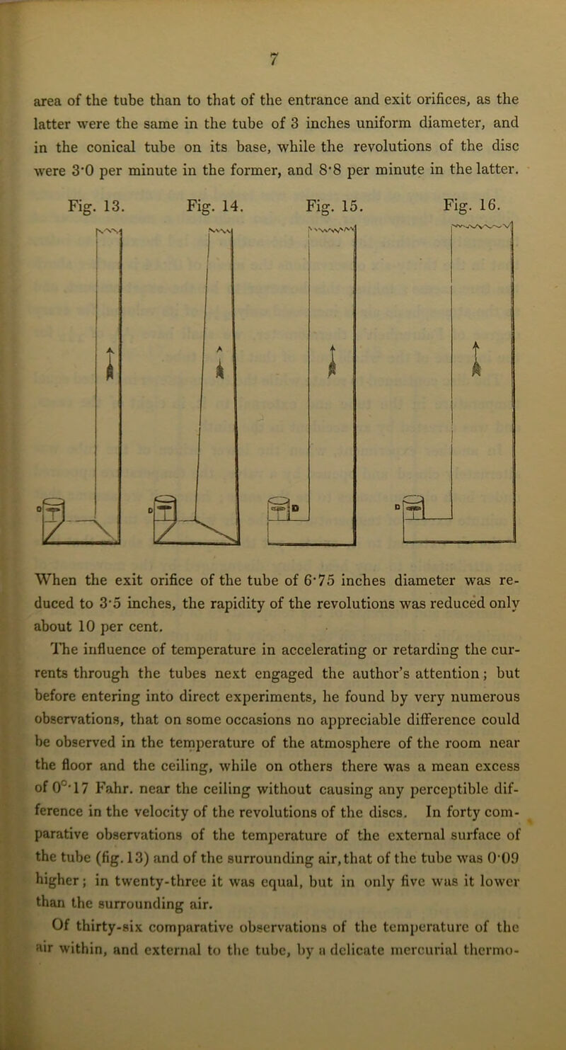 / area of the tube than to that of the entrance and exit orifices, as the latter were the same in the tube of 3 inches uniform diameter, and in the conical tube on its base, while the revolutions of the disc were 3’0 per minute in the former, and 8’8 per minute in the latter. Fig. 13. Fig. 14. Fig. 15. Fig. 16. When the exit orifice of the tube of 6‘75 inches diameter was re- duced to 3‘5 inches, the rapidity of the revolutions was reduced only about 10 per cent. The influence of temperature in accelerating or retarding the cur- rents through the tubes next engaged the author’s attention; but before entering into direct experiments, he found by very numerous observations, that on some occasions no appreciable difference could be observed in tbe temperature of the atmosphere of the room near the floor and the ceiling, while on others there was a mean excess of 0°'17 Fahr. near the ceiling without causing any perceptible dif- ference in the velocity of the revolutions of the discs. In forty com- parative observations of the temperature of the external surface of the tube (fig. 13) and of the surrounding air, that of the tube was 0'()9 higher; in twenty-three it was equal, but in only five was it lower than the surrounding air. Of thirty-six comparative observations of the temperature of the air within, and external to the tube, by a delicate mercurial thermo-