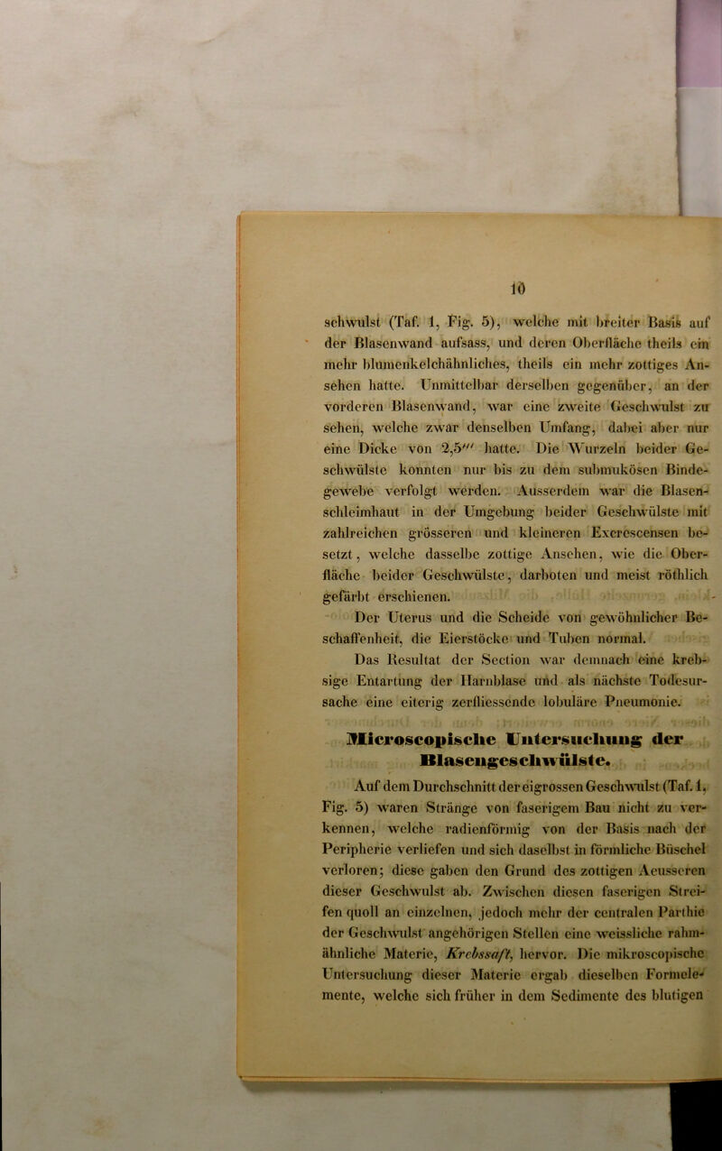 1Ö schwillst (Taf. 1, Fig. 5), welche mit breiter Basis auf der Blasenwand aufsass, und deren Oberfläche theils ein mehr blumenkelchähnliches, theils ein mehr zottiges An- sehen hatte. Unmittelbar derselben gegenüber, an der vorderen Blasenwand, war eine zweite Geschwulst zu sehen, welche zwar denselben Umfang, dabei aber nur eine Dicke von 2,5' hatte. Die Wurzeln beider Ge- schwülste konnten nur bis zu dem submukösen Binde- gewebe verfolgt werden. Ausserdem war die Blasen- schleimhaut in der Umgebung beider Geschwülste mit zahlreichen grösseren und kleineren Excrescensen be- setzt , welche dasselbe zottige Ansehen, wie die Ober- fläche beider Geschwülste, darboten und meist röthlich gefärbt erschienen. Der Uterus und die Scheide von gewöhnlicher Be- schaffenheit, die Eierstöckc und Tuben normal. Das Resultat der Seclion war demnach eine kreb- sige Entartung der Harnblase und als nächste Todesur- sache eine eiterig zerfliessende lobuläre Pneumonie. Ulici’oscopisclie Untersuchung der Illasengeschwülste. Auf dem Durchschnitt der eigrossen Geschwulst (Taf. 1, Fig. 5) waren Stränge von faserigem Bau nicht zu ver- kennen, welche radienförmig von der Basis nach der Peripherie verliefen und sich daselbst in förmliche Büschel verloren; diese gaben den Grund des zottigen Aeusscren dieser Geschwulst ab. Zwischen diesen faserigen Strei- fen quoll an einzelnen, jedoch mehr der centralen Parthie der Geschwulst angehörigen Stellen eine wcissliche rahm- ähnliche Materie, Krebssaft, hervor. Die mikroscopischc Untersuchung dieser Materie ergab dieselben Formcle- mente, welche sich früher in dem Sedimente des blutigen