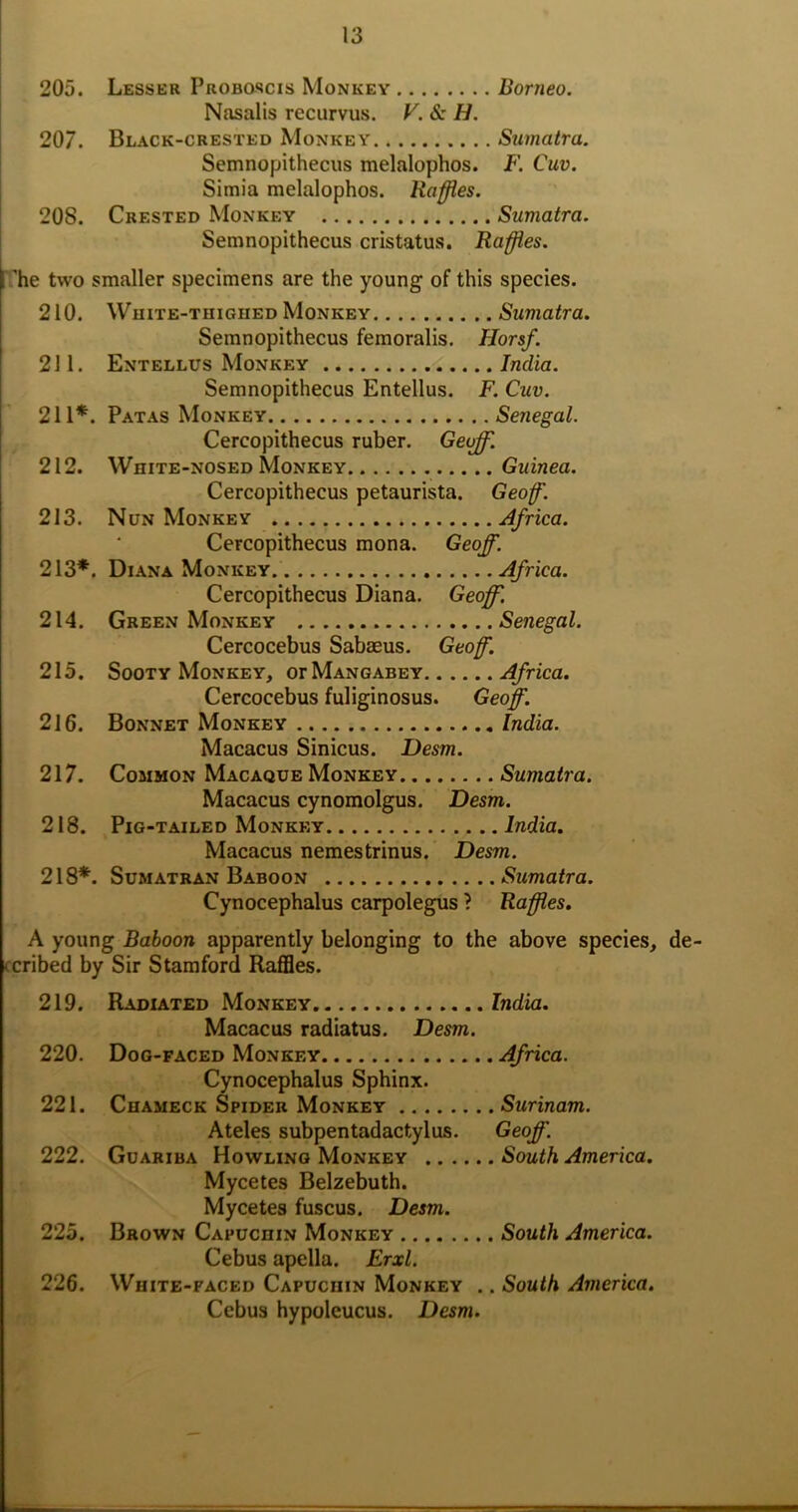 205. Lesser PnoBascis Monkey Borneo. Nasalis recurvus. V. & H. 207. Black-crested Monkey Sumatra. Semnopithecus melalophos. F. Cuv. Simia melalophos. Raffles. 208. Crested Monkey Sumatra. Semnopithecus cristatus. Raffles. I’he two smaller specimens are the young of this species. • 210. White-thighed Monkey Sumatra. Semnopithecus femoralis. Horsf. 211. Entellus Monkey India. Semnopithecus Entellus. F. Cuv. 211*. Patas Monkey Senegal. Cercopithecus ruber. Geiff. 212. White-nosed Monkey Guinea. Cercopithecus petaurista. Geof. 213. Nun Monkey Africa. Cercopithecus mona. Geoff. 213*. Diana Monkey Africa. Cercopithecus Diana. Geoff'. 214. Green Monkey Senegal. Cercocebus Sabaeus. Geoff. 215. Sooty Monkey, orMANGABEY Africa. Cercocebus fuliginosus. Geoff. 216. Bonnet Monkey India. Macacus Sinicus. Desm. 217. Common Macaque Monkey Sumatra. Macacus cynomolgus. Desm. 218. Pig-tailed Monkey India. Macacus nemestrinus. Desm. 218*. Sumatran Baboon Sumatra. Cynocephalus carpolegus ? Raffles. A young Baboon apparently belonging to the above species, de- ccribed by Sir Stamford Raffles. 219. Radiated Monkey India. Macacos radiatus. Desm. 220. Dog-faced Monkey Africa. Cynocephalus Sphinx. 221. Chameck Spider Monkey Surinam. Ateles subpentadactylus. Geoff. 222. Guariba Howling Monkey South America. Mycetes Belzebuth. Mycetes fuscus. Desm. 225. Brown Capuchin Monkey South America. Cebus apella. Erxl. 226. White-faced Capuchin Monkey .. South America. Cebus hypoleucus. Desm.