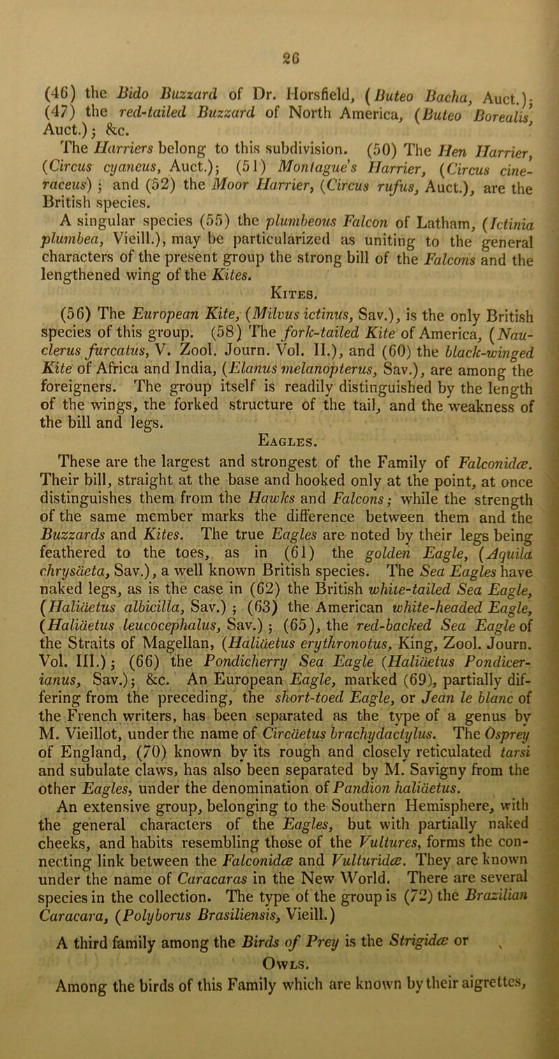 2G (46) the Bido Buzzard of Dr. Horsfield, [Buteo Bacha, Auct,)- (47) the red-tailed Buzzard of North America, (Buteo Borealis Auct.) j &c. The Harriers belong to this subdivision. (50) The Hen Harrier (Circus cyaneus, Auct.); (51) Montagues Harrier, (Circus cine- raceus) ; and (52) the Moor Harrier, (Circus rufus, Auct.), are the British species. A singular species (55) the plumbeous Falcon of Latham, (Ictinia plumbea, Vieill.), may be particularized as uniting to the general characters of the present group the strong bill of the Falcons and the lengthened wing of the Kites. Kites, (56) The European Kite, (Milvus ictinus, Sav.), is the only British species of this group. (58) The fork-tailed Kite of America, (Nau- clerus furcatus, V. Zool, Journ. Vol. II.), and (60) the black-winged of Africa and India, (Elanus melanopterus, Sav.), are among the foreigners. The group itself is readily distinguished by the length of the wings, the forked structure of the tail, and the weakness of the bill and legs. ; Eagles. These are the largest and strongest of the Family of Falconidce. Their bill, straight at the base and hooked only at the point, at once •; distinguishes them from the Hawks and Falcons; while the strength ; of the same member marks the difference between them and the | Buzzards and Kites. The true Eagles are noted by their legs being J feathered to the toes, as in (61) the golden Eagle, (Aquila \ r.hrysdeta, Sav.), a well known British species. The Sea Eagles have naked legs, as is the case in (62) the British white-tailed Sea Eagle, (Haliaetus albicilla, Sav.) ; (63) the American white-headed Eagle, (Halidetus leucocephalus, Sav.); (65), the red-backed Sea Eagle oi the Straits of Magellan, (Halidetus erytkronotus. King, Zool. Journ. - Vol. III.); (66) the Pondicherry Sea Eagle (Halidetus Pondicer- ianus, Sav.); &c. An European Eagle, marked (69), partially dif- ’ fering from the preceding, the short-toed Eagle, or Jean le blanc of ■ the French writers, has been separated as the type of a genus by M. Vieillot, under the name of Circdetus brachydactylus. The Osprey ; of England, (70) known by its rough and closely reticulated tarsi and subulate claws, has also been separated by M. Savigny from the ' other Eagles, under the denomination of Pandion halidetus. An extensive group, belonging to the Southern Hemisphere, with the general characters of the Eagles, but with partially naked . ; cheeks, and habits resembling those of the Vultures, forms the con- necting link between the Falconidce and Vulturidce. They are known ' under the name of Caracaras in the New World. There are several * species in the collection. The type of the group is (72) the Brazilian ^ Caracara, (Polyborus Brasiliensis, Vieill.) ^ A third family among the Birds of Prey is the Strigidcc or , ^ Owls. y. Among the birds of this Family which are known by their aigrettes,