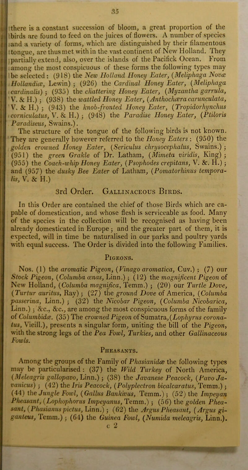 there is a constant succession of bloom, a great proportion of the birds are found to feed on the juices of flowers. A number of species and a variety of forms, which are distinguished by their filamentous 'tongue, are thus met with in the vast continent of New^ Holland. They partially extend, also, over the islands of the Pacifick Ocean. From among the most conspicuous of these forms the following types may be selected: (918) the New Holland Honey Eater, {Meliphaga Novce Hollandice, Lewin) 5 (926) the Cardinal Honey Eater, {^Meliphaga cardinalis) 5 (935) the cfiattering Honey Eater, {Myzantha garrula, ' V. & H.) j (938) the wattled Honey Eater, (Anthochcsra carmiculata, V. & H.) ; (943) the knob-fronted Honey Eater, (Tropidorhynchus corniculatus, V. & H.) j (948) the Paradise Honey Eater, {Ptiloris Paradiseus, Swains.). The structure of the tongue of the following birds is not known. They are generally however referred to the Honey Eaters : (950) the golden crowned Honey Eater, {Sericulus chrysocephalus, Swains.) (951) the green Grakle of Dr. Latham, {Mimeta viridis. King) j (955) the Coach-whip Honey Eater, {Psaphodes crepitans, V. &. H.); and (957) the dusky Bee Eater of Latham, {Pomatorhinus tempora- lis, V. & H.) 3rd Order. Gallinaceous Birds. In this Order are contained the chief of those Birds which are ca- pable of domestication, and whose flesh is serviceable as food. Many of the species in the collection will be recognised as having been already domesticated in Europe 5 and the greater part of them, it is expected, will in time be naturalised in our parks and poultry yards with equal success. The Order is divided into the following Families, Pigeons. Nos. (1) the aromatic Pigeon, {Vinago aromatica, Cuv.) ; (7) our Stock Pigeon, {Columba cenas, Linn.) j (12) the magnificent Pigeon of New Holland, {Columba magnifica, Temm.) (20) our Turtle Dove, (Turtur auritus, Ray) j (27) the ground Dove of America, {Columba passerina, Linn.) j (32) the Nicobar Pigeon, (Columba Nicobarica, Linn.) j &c., &c., are among the most conspicuous forms of the family of ColumbidcB. (35) The crowned Pigeon of Sumatra, (Lop/i^rMS corona- tus, Vieill.), presents a singular form, uniting the bill of the Pigeon, with the strong legs of the Pea Fowl, Turkies, and other Gallinaceous Fowls. Pheasants. Among the groups of the Family of Phasianidcs the following types may be particularised : (37) the Wild Turkey of North America, (Meleagris gallopavo, Linn.); (38) the Javanese Peacock, (Pavo Ja- vanicus) •, (42) the Iris Peacock, (Polyplectron bicalcaratus, Temm.) j (44) the Jungle Fowl, (Gnllus Bankivus, Temm.) ; (52) the Impeyan Pheasant, (Lophophorus Impeyanus, Temm.) ; (.56) the golden Phea- sant, (Phasianus pictus, Linn.) 5 (62) the Argus Pheasant, (Argus gi- ganteus, Temm.); (64) the Guinea Fowl, (Numida meleagris, Linn,). c 2