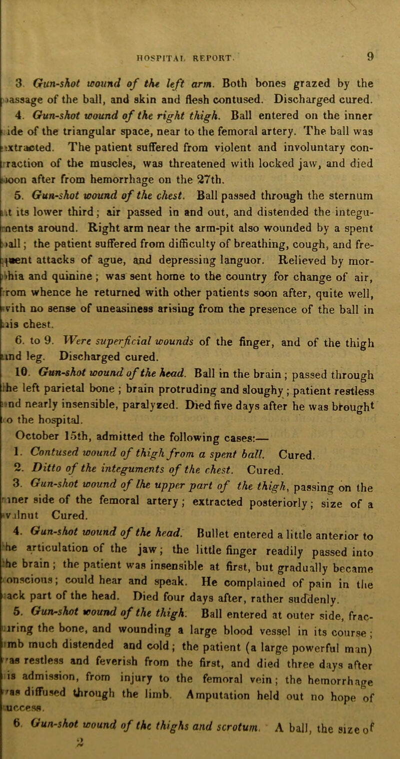 3. Gun-shot wound of the left arm. Both bones grazed by the •assage of the ball, and skin and flesh contused. Discharged cured. 4. Gun-shot wound of the right thigh. Ball entered on the inner ide of the triangular space, near to the femoral artery. The ball was extracted. The patient suffered from violent and involuntary con- raction of the muscles, was threatened with locked jaw, and died ioon after from hemorrhage on the 27th. 5. Gun-shot wound of the chest. Ball passed through the sternum iit its lower third; air passed in and out, and distended the integu- ments around. Right arm near the arm-pit also wounded by a spent •all; the patient suffered from difficulty of breathing, cough, and fre- quent attacks of ague, and depressing languor. Relieved by mor- phia and quinine ; was sent home to the country for change of air, rom whence he returned with other patients soon after, quite well, i with no sense of uneasiness arising from the presence of the ball in Lais chest. 6. to 9. Were superficial wounds of the finger, and of the thigh und leg. Discharged cured. 10. Gun-shot wound of the head. Ball in the brain ; passed through he left parietal bone ; brain protruding and sloughy ; patient restless nd nearly insensible, paralyzed. Died five days after he was brought o the hospital. October 15th, admitted the following cases:— 1 Contused xoound of thigh from a spent ball. Cured. 2. Ditto of the integuments of the chest. Cured. 3. Gun-shot wound of Ihc upper part of the thigh, passing on the mner side of the femoral artery; extracted posteriorly; size of a »valnut Cured. 4. Gun-shot wound of the head. Bullet entered a little anterior to he articulation of the jaw; the little finger readily passed into :he brain ; the patient was insensible at first, but gradually became onscious; could hear and speak. He complained of pain in the ' ack part of the head. Died four days after, rather suddenly. 5. Gun-shot wound of the thigh. Ball entered at outer side, frac- lring the bone, and wounding a large blood vessel in its course; mb much distended and cold; the patient (a large powerful man) -as restless and feverish from the first, and died three days after is admission, from injury to the femoral vein; the hemorrhage 'as diffused through the limb. Amputation held out no hope of iticcesfl. 6. Gun-shot wound of the thighs and scrotum. A ball, the size of O /v