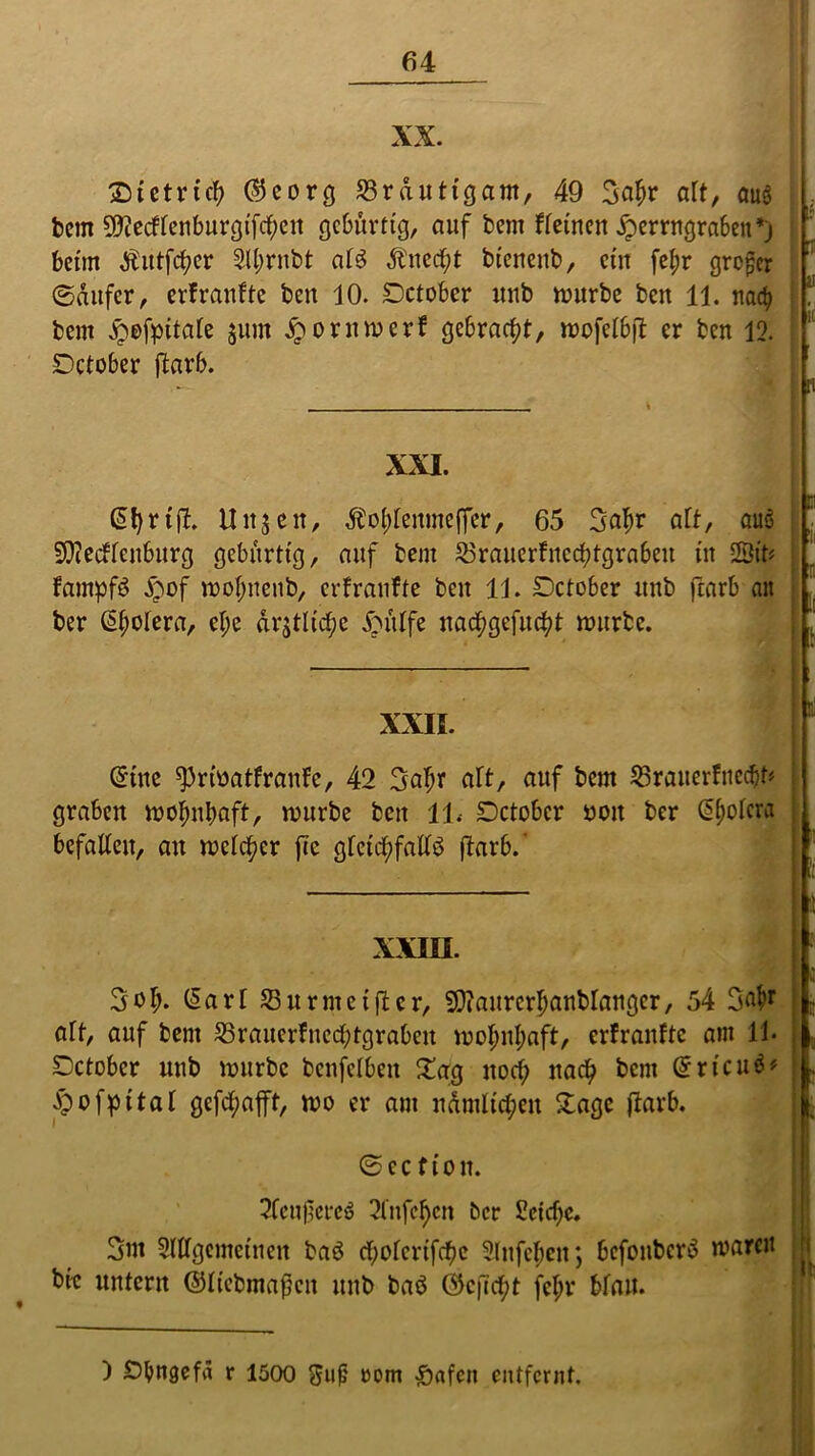 XX. Dietrich Sjeorg SSrdutigant, 49 3c$r alt, au§ bem 9ftecffenburgifcf)en gebürtig, auf bem fietnen £errngraben*j beim Äutfc^cr 2U;rnbt atö Änccf;t btenenb, ein fcl;r grefer ©dufer, erfranfte beit 10. Dctober uub mürbe beit 11. nach bcm jpofpitafe $um £ornmerf gebracht, mofelbjt er ben 12. Dctober ftarb. XXI. (5^rtflb. Unsen, $of)fenmeffcr, 65 Saljr oft, auä SDiecffenburg gebürtig, auf beut ^raucrfucdjtgrabeu in 23tt* fampfö S)of mof;nenb, erfranfte ben 11. Dctober unb flarb an ber (Spolera, ef;e drjtltcfje £utlfe nac^gefuc^t mürbe. XXII. Sine sprioatfranfe, 42 3a^r alt, auf bem 23rauerfncrf)t< graben mofmbaft, mürbe bett 11.- Dctober ooit ber Sbotcra befallen, an melier fic gleichfalls flarb. ‘ XXIO. 3o^. Sari SBurmeijler, SOiaurcrbanblanger, 54 3# alt, auf bem 23rauerfnccbtgrabeit mobnl;aft, erfranfte am 11* Dctober unb mürbe bcnfclbcit £ag noch nach bcm Sricuä* Spofpital gcfdf;afft, mo er am ndmlt'cben £age flarb. 0ec fioit. 2leu0ereö 3fnfc^cn ber £cid)c. 3nt Slffgcmeinen baö cf;ofcrifcf)e Slitfefien; befonberö marcu bit untern ©liebmafcu unb baö ©efiebt fcf;r blau. ) Dtyngefa r 1500 guf? oom #afeit entfernt.