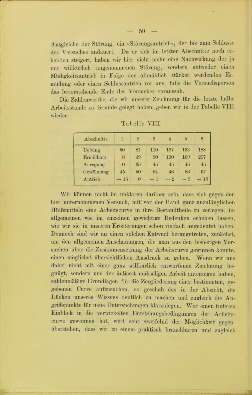 Ausgleiche der Störung, ein »Störungsantrieb«, der bis zum Schlüsse des Versuches andauert. Da er sich im letzten Abschnitte noch er- heblich steigert, haben wir hier nicht mehr eine Nachwirkung der ja nur willkürlich angenommenen Störung, sondern entweder einen Müdigkeitsantrieb in Folge der allmählich stärker werdenden Er- müdung oder einen Schlussantrieb vor uns, falls die Versuchsperson das bevorstehende Ende des Versuches voraussah. Die Zahlenwerthe, die wir unserer Zeichnung für die letzte halbe Arbeitsstunde zu Grunde gelegt haben, geben wir in der Tabelle VIII wieder. Tabelle VIII. Abschnitte 1 2 3 4 5 6 Uebung 50 81 110 137 163 188 Ermüdung 8 49 90 130 169 207 Anregung 0 35 45 45 45 45 Gewöhnung 45 50 54 46 56 57 Antrieb + 16 0 — 1 — 2 + 9 + 18 Wir können nicht im unklaren darüber sein, dass sich gegen den hier unternommenen Versuch, mit' vor der Hand ganz unzulänglichen Hülfsmitteln eine Arbeitscurve in ihre Bestandtheile zu zerlegen, im allgemeinen wie im einzelnen gewichtige Bedenken erheben lassen, wie wir sie in unseren Erörterungen schon vielfach angedeutet haben. Dennoch sind wir an einen solchen Entwurf herangetreten, zunächst, um den allgemeinen Anschauungen, die man aus den bisherigen Ver- suchen über die Zusammensetzung der Arbeitscurve gewinnen konnte, einen möglichst übersichtlichen Ausdruck zu geben. Wenn wir uns dabei nicht mit einer ganz willkürlich entworfenen Zeichnung be- gnügt, sondern uns der äußerst mühseligen Arbeit unterzogen haben, zahlenmäßige Grundlagen für die Zergliederung einer bestimmten, ge- gebenen Curve aufzusuchen, so geschah das in der Absicht, die Lücken unseres Wissens deutlich zu machen und zugleich die An- griffspunkte für neue Untersuchungen klarzulegen. Wer einen tieferen Einblick in die verwickelten Entstehungsbedingungen der Arbeits- curve gewonnen hat, wird sehr zweifelnd der Möglichkeit gegen- überstellen, dass wir zu einem praktisch brauchbaren und zugleich