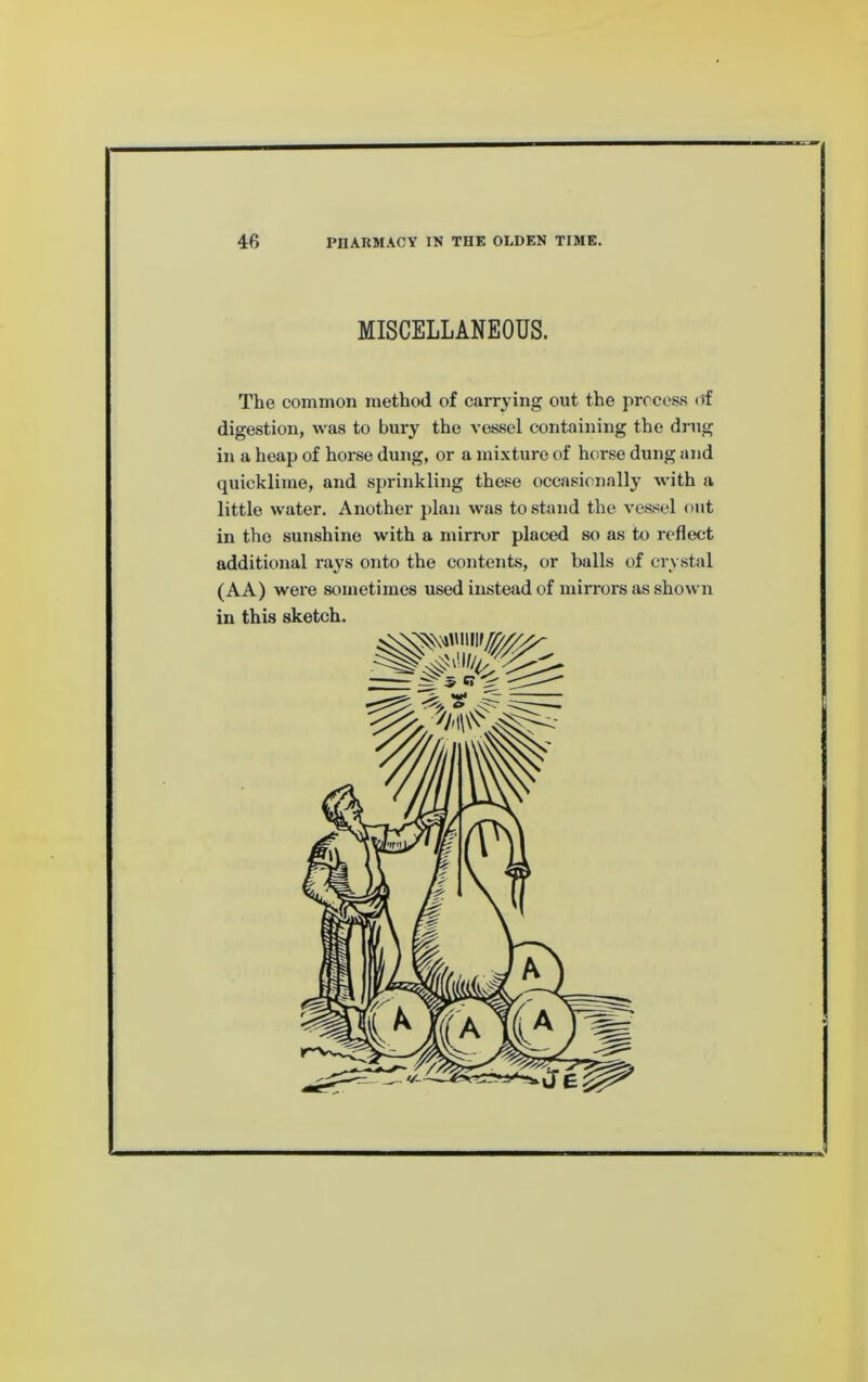 MISCELLANEOUS. The common method of carrying out the process of digestion, was to bury the vessel containing the drug in a heap of horse dung, or a mixture of horse dung and quicklime, and sprinkling these occasionally with a little water. Another plan was to stand the vessel out in the sunshine with a mirror placed so as to reflect additional rays onto the contents, or balls of crystal (AA) were sometimes used instead of mirrors as shown in this sketch.