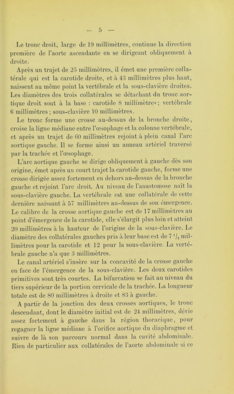 Le tronc droit, large de 1!) millimètres, continue la direction première de raorte ascendante en se dirigeant ol)li(iiiemcnt à droite. Après un trajet de 25 millimètres, il émet une i)remière colla- térale qui est la carotide droite, et à 4:’) millimètres plus haut, naissent au même point la vertébrale et la sous-clavière droites. Les diamètres des trois collatérales se détachant du tronc aor- ti(iue droit sont à la base : carotide 8 millimètre'^ ; vertébrale 6 millimètres; sous-clavière 10 millimètres. Le tronc forme une crosse au-dessus de la bronche droite, croise la ligne médiane entre Pœsophage et la colonne vertébrale, et après un trajet de 00 millimètres rejoint à i)lein canal l’arc aorticpie gauche. Il se forme ainsi un anneau artériel traversé par la trachée et rœso|)hage. L’arc aortique gauche se dirige obli(piement à gauche dès son origine, émet après un court trajet la carotide gauche, forme une crosse dirigée assez fortement en dehors au-dessus de la bronche gauche et rejoint l’arc droit. Au niveau de l’anastomose naît la sous-clavière gauche. La vcrtébi’ule est une collatérale de cette dernière naissant à 57 millimètres au-dessus de son émergence. Le calibre de la crosse aorti(|ue gauche est de 17 millimètres au point d’émergence de la carotide, elle s’élargit plus loin et atteint *20 millimètres à la hauteur de l’origine de la sous-clavière. Le diamètre des collatérales gauches pris à leur base est de 7 '/^ mil- limètres pour la carotide et 12 pour la sous-clavière. La verté- brale gauche n’a que .3 millimètres. Le canal artériel s’insère sur la concavité de la crosse gauche en face de l’émergence de la sous-clavière. Les deux carotides ])rimitives sont très courtes. La bifurcation se fait au niveau du tiers supérieur de la portion cervicale de la trachée. La longueur totale est de 80 millimètres à droite et 8.3 <à gauche. A partir de la jonction des deux crosses aorti(pics, le tronc descendant, dont le diamètre initial est de 24 millimètres, dévie assez fortement à gauche dans la région thoracitpie, |K)iir regagner la ligne médiane à l’orifice aortiipic du dia|)hragme et suivre de là son parcours normal dans la cavité abdominale. Kien de particulier aux collatérales de l’aorte abdominale si ce