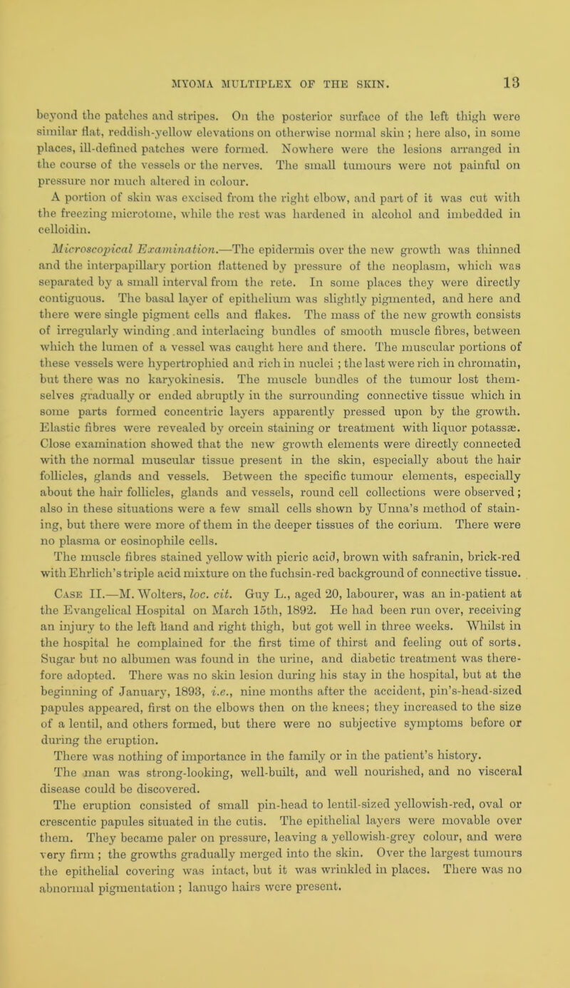 beyond the patches and stripes. On the posterior surface of the left thigh were similar flat, reddish-yellow elevations on otherwise normal skin ; here also, in some places, ill-defined patches were formed. Nowhere were the lesions arranged in the course of the vessels or the nerves. The small tumours were not painful on pressure nor much altered in colour. A portion of skin was excised from the right elbow, and part of it was cut with the freezing microtome, while the rest was hardened in alcohol and imbedded in celloidin. Microscopical Examination.—The epidermis over the new growth was thinned and the interpapillary portion flattened by pressure of the neoplasm, which was separated by a small interval from the rete. In some places they were directly contiguous. The basal layer of epithelium was slightly pigmented, and here and there were single pigment cells and flakes. The mass of the new growth consists of irregularly winding.and interlacing bundles of smooth muscle fibres, between which the lumen of a vessel was caught here and there. The muscular portions of these vessels were hypertrophied and rich in nuclei; the last were rich in chromatin, but there was no karyokinesis. The muscle bundles of the tumour lost them- selves gradually or ended abruptly in the surrounding connective tissue which in some parts formed concentric layers apparently pressed upon by the growth. Elastic fibres were revealed by orcein staining or treatment with liquor potasses. Close examination showed that the new growth elements were directly connected with the normal muscular tissue present in the skin, especially about the hair follicles, glands and vessels. Between the specific tumour elements, especially about the hair follicles, glands and vessels, round cell collections were observed ; also in these situations were a few small cells shown by Unna’s method of stain- ing, but there were more of them in the deeper tissues of the corium. There were no plasma or eosinophile cells. The muscle fibres stained yellow with picric acid, brown with safranin, brick-red with Ehrlich’s triple acid mixture on the fuchsin-red background of connective tissue. Case II.—M. Wolters, loc. cit. Guy L., aged 20, labourer, was an in-patient at the Evangelical Hospital on March 15th, 1892. He had been run over, receiving an injury to the left hand and right thigh, but got well in three weeks. Whilst in the hospital he complained for the first time of thirst and feeling out of sorts. Sugar but no albumen was found in the urine, and diabetic treatment was there- fore adopted. There was no skin lesion during his stay in the hospital, but at the beginning of January, 1898, i.e., nine months after the accident, pin’s-head-sized papules appeared, first on the elbows then on the knees; they increased to the size of a lentil, and others formed, but there were no subjective symptoms before or during the eruption. There was nothing of importance in tire family or in the patient’s history. The man was strong-looking, well-built, and well nourished, and no visceral disease could be discovered. The eruption consisted of small pin-head to lentil-sized yellowish-red, oval or crescentic papules situated in the cutis. The epithelial layers were movable over them. They became paler on pressure, leaving a yellowish-grey colour, and were very firm ; the growths gradually merged into the skin. Over the largest tumours the epithelial covering was intact, but it was wrinkled in places. There was no abnormal pigmentation ; lanugo hairs were present.