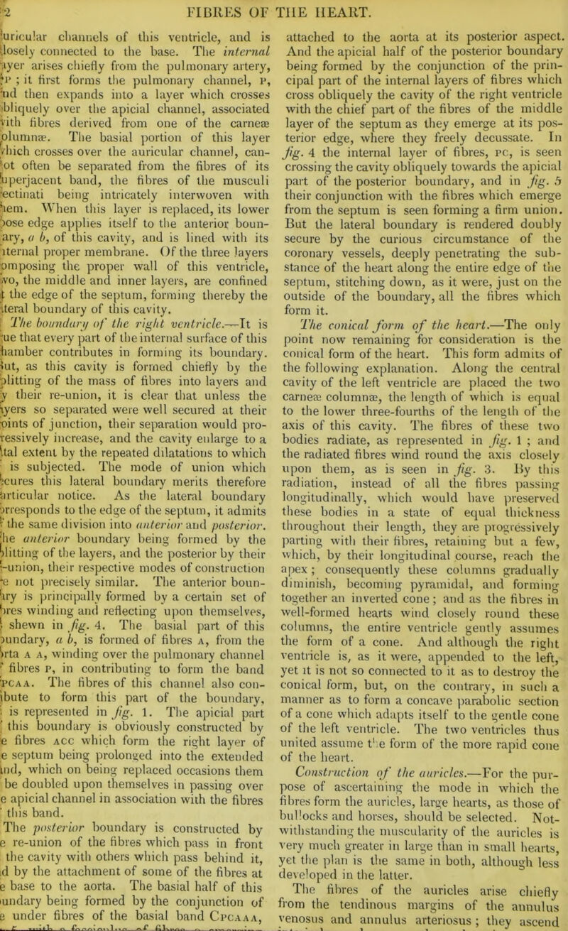 Auricular channels of this ventricle, and is ,losely connected to the base. The internal Uyer arises chiefly from the pulmonary artery, ,i’ ; it first forms the pulmonary channel, p, snd then expands into a layer which crosses bliquely over the apicial channel, associated vith fibres derived from one of the carneae plumnae. The basial portion of this layer yhich crosses over the auricular channel, can- ■ot often be separated from the fibres of its Superjacent band, the fibres of the musculi •ectinati being intricately interwoven with hem. When this layer is replaced, its lower !>ose edge applies itself to the anterior boun- dary, a b, of this cavity, and is lined with its lternal proper membrane. Of the three layers pmposing the proper wall of this ventricle, «vo, the middle and inner layers, are confined if the edge of the septum, forming thereby the Iteral boundary of this cavity. F The boundary of the right ventricle.—It is tue that every part of the internal surface of this hamber contributes in forming its boundary, jut, as this cavity is formed chiefly by the plitting of the mass of fibres into layers and y their re-union, it is dear that unless the vycrs so separated were well secured at their ■oints of junction, their separation would pro- ressively increase, and the cavity enlarge to a Ital extent by the repeated dilatations to which is subjected. The mode of union which ?eures tiiis lateral boundary merits therefore articular notice. As the lateral boundary prresponds to the edge of the septum, it admits • the same division into anterior and posterior. jhe anterior boundary being formed by the blitting of the layers, and the posterior by their '-union, their respective modes of construction je not precisely similar. The anterior boun- -xry is principally formed by a certain set of fires winding and reflecting upon themselves, * shewn in fig. 4. The basial part of this oundary, a b, is formed of fibres a, from the Wta a a, winding over the pulmonary channel •' fibres p, in contributing to form the band jpCAA. The fibres of this channel also con- ibute to form this part of the boundary, ! is represented in Jig. 1. The apicial part [ this boundary is obviously constructed by e fibres acc which form the right layer of e septum being prolonged into the extended knd, which on being replaced occasions them be doubled upon themselves in passing over e apicial channel in association with the fibres ' this band. The posterior boundary is constructed by e re-union of the fibres which pass in front the cavity with others which pass behind it, id by the attachment of some of the fibres at e base to the aorta. The basial half of this mndary being formed by the conjunction of e under fibres of the basial band Cpcaaa, . L — :.t. .. „r m .. : attached to the aorta at its posterior aspect. And the apicial half of the posterior boundary being formed by the conjunction of the prin- cipal part of the internal layers of fibres which cross obliquely the cavity of the right ventricle with the chief part of the fibres of the middle layer of the septum as they emerge at its pos- terior edge, where they freely decussate. In fg. 4 the internal layer of fibres, pc, is seen crossing the cavity obliquely towards the apicial part of the posterior boundary, and in fig. 5 their conjunction with the fibres which emerge from the septum is seen forming a firm union. But the lateral boundary is rendered doubly secure by the curious circumstance of the coronary vessels, deeply penetrating the sub- stance of the heart along the entire edge of the septum, stitching down, as it were, just on the outside of the boundary, all the fibres which form it. The conical form of the heart.—The only point now remaining for consideration is the conical form of the heart. This form admits of the following explanation. Along the central cavity of the left ventricle are placed the two carneae columnae, the length of which is equal to the lower three-fourths of the length of the axis of this cavity. The fibres of these two bodies radiate, as represented in Jig. 1 ; and the radiated fibres wind round the axis closely upon them, as is seen in Jig. 3. By this radiation, instead of all the fibres passing longitudinally, which would have preserved these bodies in a state of equal thickness throughout their length, they are progressively parting with their fibres, retaining but a few, which, by their longitudinal course, reach the apex; consequently these columns gradually diminish, becoming pyramidal, and forming together an inverted cone; and as the fibres in well-formed hearts wind closely round these columns, the entire ventricle gently assumes the form of a cone. And although the right ventricle is, as it were, appended to the left, yet it is not so connected to it as to destroy the conical form, but, on the contrary, in such a manner as to form a concave parabolic section of a cone which adapts itself to the gentle cone of the left ventricle. The two ventricles thus united assume the form of the more rapid cone of the heart. Construction of the auricles.—For the pur- pose of ascertaining the mode in which the fibres form the auricles, large hearts, as those of bullocks and horses, should be selected. Not- withstanding the muscularity of the auricles is very much greater in large than in small hearts, yet the plan is the same in both, although less developed in the latter. The fibres of the auricles arise chiefly from the tendinous margins of the annulus yenosus and annulus arteriosus; they ascend