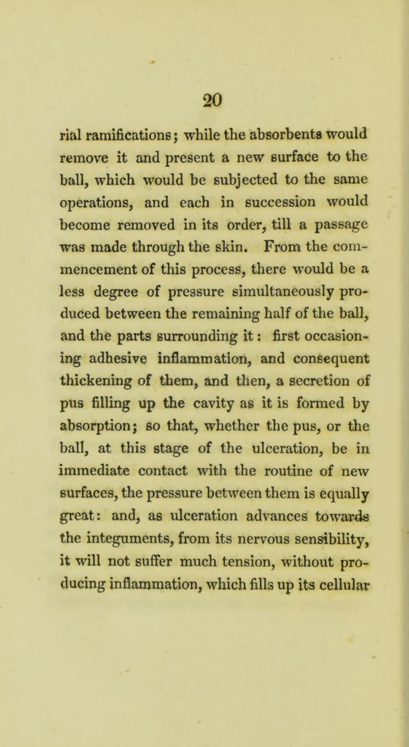 rial ramifications; while the absorbents would remove it and present a new surface to the ball, which would be subjected to the same operations, and each in succession would become removed in its order, till a passage was made through the skin. From the com- mencement of this process, there would be a less degree of pressure simultaneously pro- duced between the remaining half of the ball, and the parts surrounding it: first occasion- ing adhesive inflammation, and consequent thickening of them, and then, a secretion of pus filling up the cavity as it is formed by absorption; so that, whether the pus, or the ball, at this stage of the ulceration, be in immediate contact with the routine of new surfaces, the pressure between them is equally great: and, as ulceration advances towards the integuments, from its nervous sensibility, it will not suffer much tension, without pro- ducing inflammation, which fills up its cellular