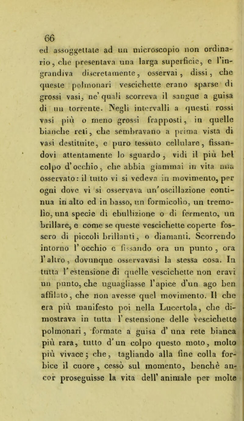 eti assoggettale ad un microscopio non ordina- rio, che presentava una larga superficie, e 1 in- grandiva discretamente, osservai, dissi, che queste polmonari vescichette orano sparse di grossi vasi, ne’quali scorreva il sangue a guisa di un torrente. INegli intervalli a questi rossi vasi più o meno grossi frapposti, in quelle bianche reti, che sembravano a prima vista di vasi destituite, e puro tessuto cellulare, fissan- dovi attentamente lo sguardo , vidi il piu bel colpo d’occhio, che abbia giammai in vita mia osservato: il tutto vi si vedeva in movimento, per ogni dove vi si osservava un’oscillazione conti- nua in alto ed in basso, un formicolìo, un tremo- lìo, una specie di ebullìzione o di fermento, un brillare, e come se queste vescichette coperte fos- sero di piccoli brillanti, o diamanti. Scorrendo intorno 1’ occhio c fissando ora un punto , ora l’altro, dovunque osservavasi la stessa cosa. In tutta Vestensione di quelle vescichette non eravi un punto, che uguagliasse l’apice d’un ago ben affilato, che non avesse quel movimento. Il che era più manifesto poi nella Lucertola, che di- mostrava in tutta 1’ estensione delle vescichette polmonari, formate a guisa d’ una rete bianca più rara, tutto d’un colpo questo moto, molto più vivace; che, tagliando alla fine colla for- bice il cuore, cessò sul momento, benché an- cor proseguisse la vita dell’ animale per moke