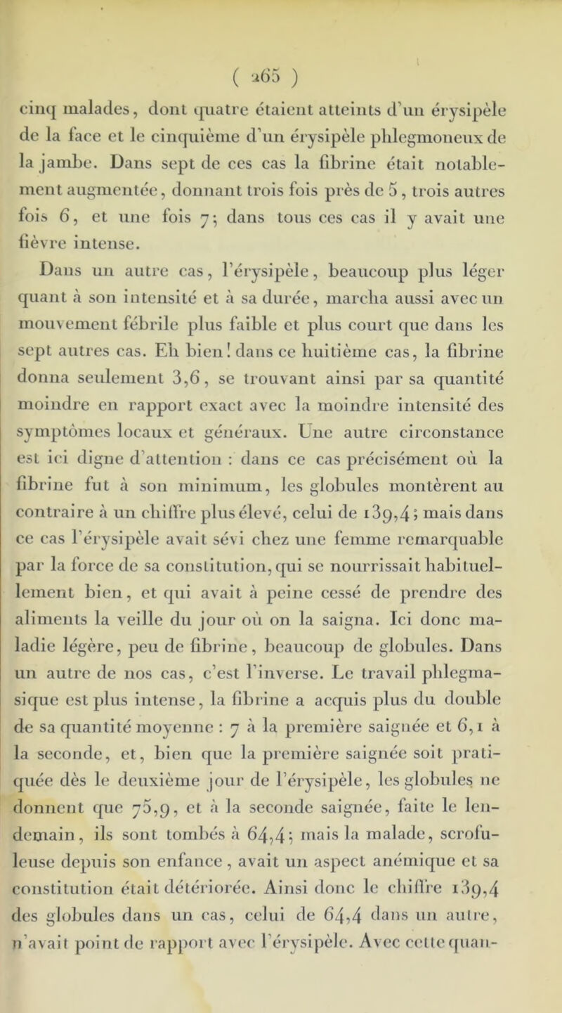 cinq malades, dont quatre étaient atteints d’un érysipèle de la face et le cinquième d’un érysipèle phlegmoneux de la jambe. Dans sept de ces cas la fibrine était notable- ment augmentée, donnant trois fois près de 5, trois autres fois 6, et une fois 7; dans tous ces cas il y avait une fièvre intense. Dans un autre cas, l’érysipèle, beaucoup plus léger quant à son intensité et à sa durée, marcha aussi avec un mouvement fébrile plus faible et plus court que dans les sept autres cas. Eh bien! dans ce huitième cas, la fibrine donna seulement 3,6, se trouvant ainsi par sa quantité moindre en rapport exact avec la moindre intensité des symptômes locaux et généraux. Une autre circonstance est ici digne d’attention : dans ce cas précisément où la fibr ine fut à son minimum, les globules montèrent au contraire à un chiffre plus élevé, celui de i39,4> mais dans ce cas l’érysipèle avait sévi chez une femme remarquable par la force de sa constitution,qui se nourrissait habituel- lement bien, et qui avait à peine cessé de prendre des aliments la veille du jour où on la saigna. Ici donc ma- ladie légère, peu de fibrine, beaucoup de globules. Dans un autre de nos cas, c’est l'inverse. Le travail plilegma- sique est plus intense, la fibrine a acquis plus du double de sa quantité moyenne : 7 à la première saignée et 6,t à la seconde, et, bien que la première saignée soit prati- quée dès le deuxième jour de l’érysipèle, les globules ne donnent que 70,9, et .à la seconde saignée, faite le len- demain, ils sont tombés à 64,4} mais la malade, scrofu- leuse depuis son enfance, avait un aspect anémique et sa constitution était détériorée. Ainsi donc le chiffre 139,4 des globules dans un cas, celui de 64,4 dans un autre, n’avait point de rapport avec l’érysipèle. Avec cette quan-