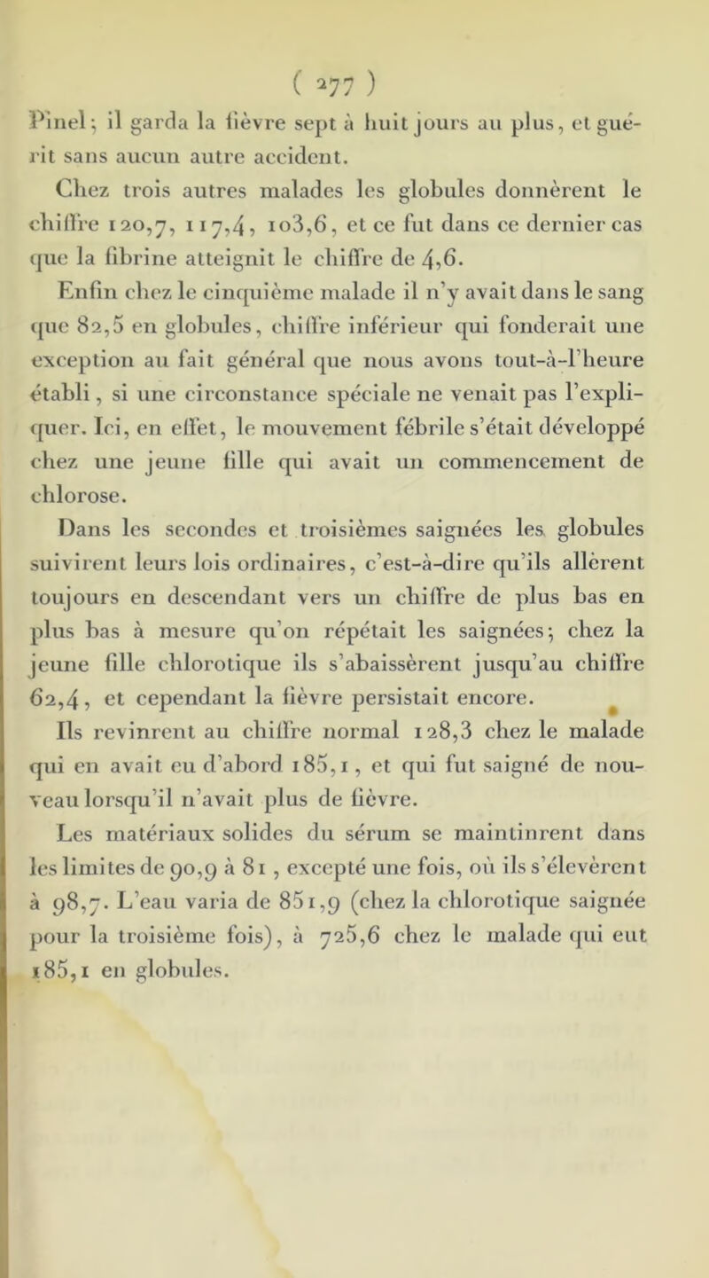 Pinel ; il garda la lièvre sept à huit jours au plus, et gué- rit sans aucun autre accident. Chez trois autres malades les globules donnèrent le chiffre 120,7, IX7?4> io3,6, et ce fut dans ce dernier cas que la fibrine atteignit le chiffre de 4,6* Enfin chez le cinquième malade il n’y avait dans le sang que 82,5 en globules, chiffre inférieur qui fonderait une exception au fait général que nous avons tout-à-1 heure établi, si une circonstance spéciale ne venait pas l’expli- quer. Ici, en effet, le mouvement fébrile s’était développé chez une jeune fille qui avait un commencement de chlorose. Dans les secondes et troisièmes saignées les. globules suivirent leurs lois ordinaires, c’est-à-dire qu’ils allèrent toujours en descendant vers un chiffre de plus bas en plus bas à mesure qu’on répétait les saignées 5 chez la jeune fille chlorotique ils s’abaissèrent jusqu’au chiffre 62,4, et cependant la fièvre persistait encore. Ils revinrent au chiffre normal 128,3 chez le malade qui en avait eu d’abord i85,i , et qui fut saigné de nou- veau lorsqu’il n’avait plus de fièvre. Les matériaux solides du sérum se maintinrent dans les limites de 90,9 à 81 , excepté une fois, où ils s’élevèrent à 98,7. L’eau varia de 85i,g (chez la chlorotique saignée pour la troisième fois), à 725,6 chez le malade qui eut ï85,i en globules.