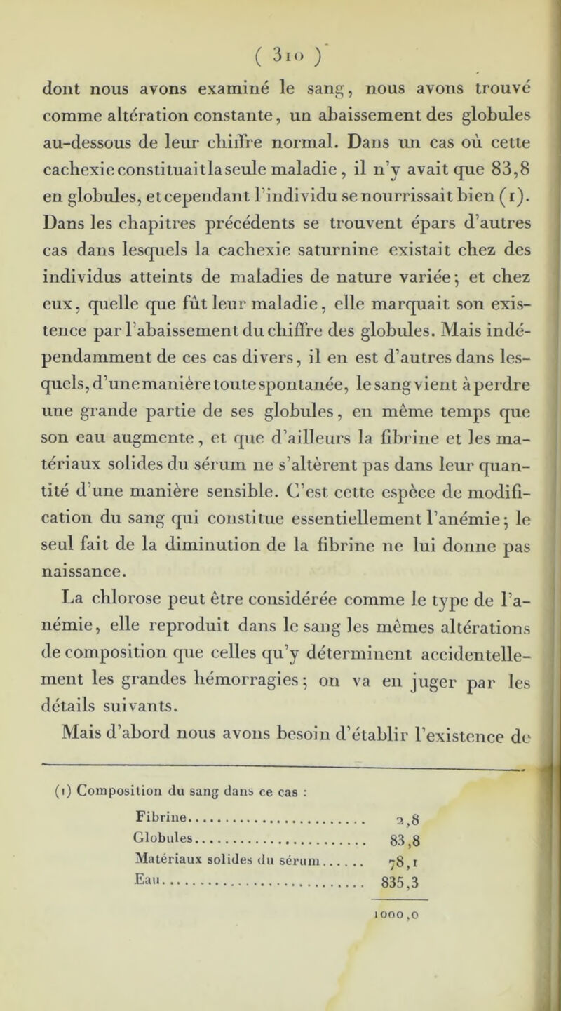 dont nous avons examiné le sang, nous avons trouvé comme altération constante, un abaissement des globules au-dessous de leur cbiiTre normal. Dans un cas où cette cacliexieconstituaitlaseule maladie, il n’y avait que 83,8 en globules, etcependant l’individu se nourrissait bien (i). Dans les chapitres précédents se trouvent épars d’autres cas dans lesquels la cachexie saturnine existait chez des individus atteints de maladies de nature variée ; et chez eux, quelle que fût leur maladie, elle marquait son exis- tence par l’abaissement du chiffre des globules. Mais indé- pendamment de ces cas divers, il en est d’autres dans les- quels, d’une manière toute spontanée, le sang vient à perdre une grande partie de ses globules, en même temps que son eau augmente, et que d’ailleurs la fibrine et les ma- tériaux solides du sérum ne s’altèrent pas dans leur quan- tité d’une manière sensible. C’est cette espèce de modifi- cation du sang qui constitue essentiellement l’anémie 5 le seul fait de la diminution de la fibrine ne lui donne pas naissance. La chlorose peut être considérée comme le type de l’a- némie, elle reproduit dans le sang les mêmes altérations de composition que celles qu’y déterminent accidentelle- ment les grandes hémorragies-, on va en juger par les détails suivants. Mais d’abord nous avons besoin d’établir l’existence de (1) Composition du sang dans ce cas : Fibrine 2,8 Globules 83,8 Matériaux solides du sérum 78,1 835,3