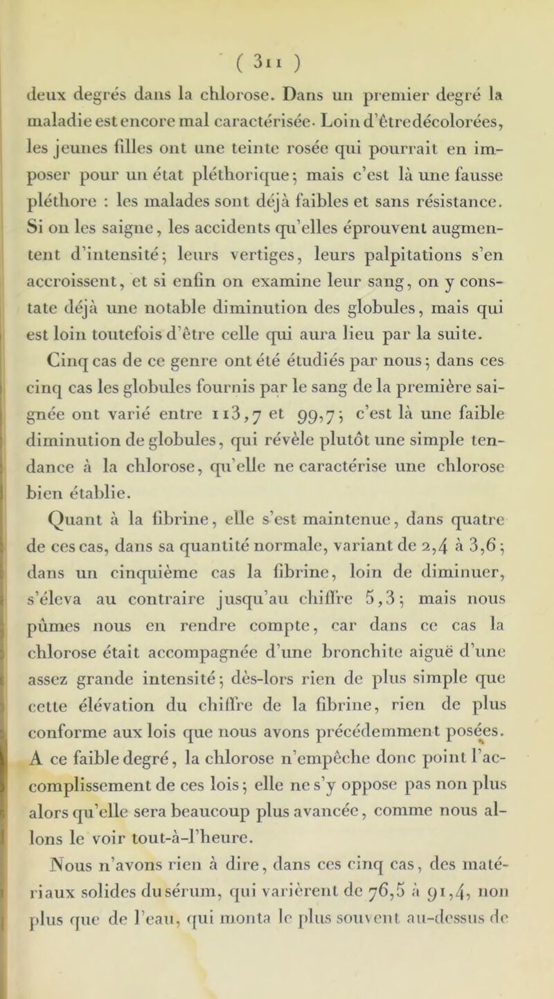 deux degrés dans la chlorose. Dans un premier degré la maladie est encore mal caractérisée- Loin d’être décolorées, les jeunes filles ont une teinte rosée qui pourrait en im- poser pour un état pléthorique; mais c’est là une fausse pléthore : les malades sont déjà faibles et sans résistance. Si on les saigne, les accidents qu’elles éprouvent augmen- tent d’intensité; leurs vertiges, leurs palpitations s’en accroissent, et si enfin on examine leur sang, on y cons- tate déjà une notable diminution des globules, mais qui est loin toutefois d’être celle qui aura lieu par la suite. Cinq cas de ce genre ont été étudiés par nous; dans ces cinq cas les globules fournis par le sang de la première sai- gnée ont varié entre ii3,7 et 99,7; c’est là une faible diminution de globules, qui révèle plutôt une simple ten- dance à la chlorose, qu elle ne caractérise une chlorose bien établie. Quant à la fibrine, elle s’est maintenue, dans quatre de ces cas, dans sa quantité normale, variant de 2,4 à 3,6 ; dans un cinquième cas la fibrine, loin de diminuer, s’éleva au contraire jusqu’au chiffre 5,3; mais nous pûmes nous en rendre compte, car dans ce cas la chlorose était accompagnée d’une bronchite aiguë d’une assez grande intensité; dès-lors rien de plus simple que cette élévation du chiffre de la fibrine, rien de plus conforme aux lois que nous avons précédemment posées. A ce faible degré, la chlorose n’empêche donc point lac- complissement de ces lois ; elle ne s’y oppose pas non plus alors qu’elle sera beaucoup plus avancée, comme nous al- lons le voir tout-à-l’heure. Nous n’avons rien à dire, dans ces cinq cas, des maté- riaux solides du sérum, qui varièrent de 76,5 à 91,4, non plus que de l’eau, qui monta le plus souvent au-dessus de