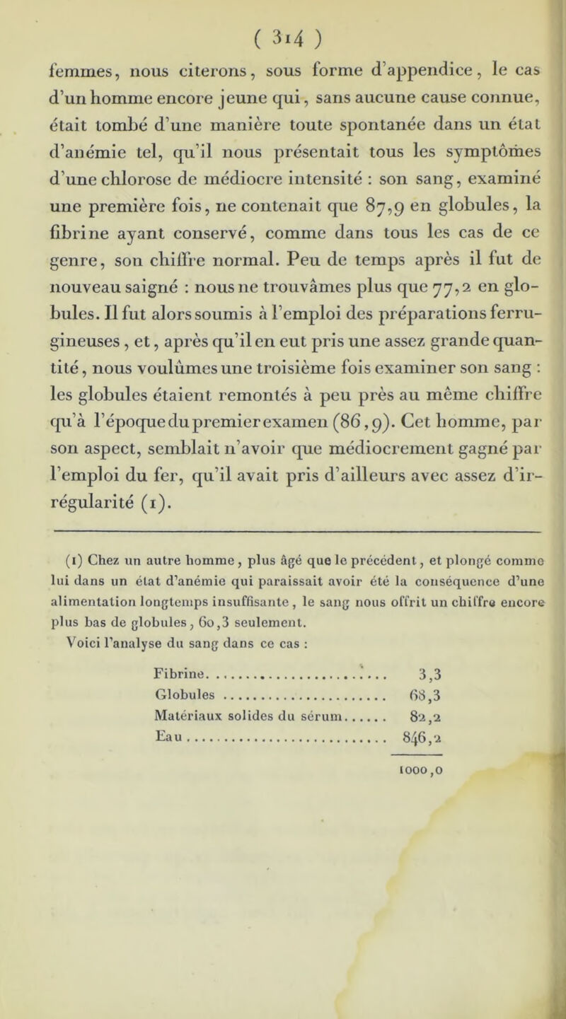 femmes, nous citerons, sous forme d’appendice, le cas d’un homme encore jeune qui, sans aucune cause connue, était tombé d’une manière toute spontanée dans un état d’anémie tel, qu’il nous présentait tous les symptômes d’une chlorose de médiocre intensité : son sang, examiné une première fois, ne contenait que 87,9 en globules, la fibrine ayant conservé, comme dans tous les cas de ce genre, son chiffre normal. Peu de temps après il fut de nouveau saigné : nous ne trouvâmes plus que 77,2 en glo- bules. Il fut alors soumis à l’emploi des préparations ferru- gineuses , et, après qu’il en eut pris une assez grande quan- tité , nous voulûmes une troisième fois examiner son sang : les globules étaient remontés à peu près au même chiffre qu’à l’époque du premier examen (86,9). Cet homme, par son aspect, semblait n’avoir que médiocrement gagné par l’emploi du fer, qu’il avait pris d’ailleurs avec assez d’ir- régularité (1). (1) Chez un autre homme , plus âgé que le précédent, et plongé comme lui dans un état d’anémie qui paraissait avoir été la conséquence d’une alimentation longtemps insuffisante , le sang nous offrit un chiffra encore plus bas de globules, 60,3 seulement. Voici l’analyse du sang dans ce cas : Fibrine '... 3,3 Globules 68,3 Matériaux solides du sérum 82,2 Eau 846,2 1000,0