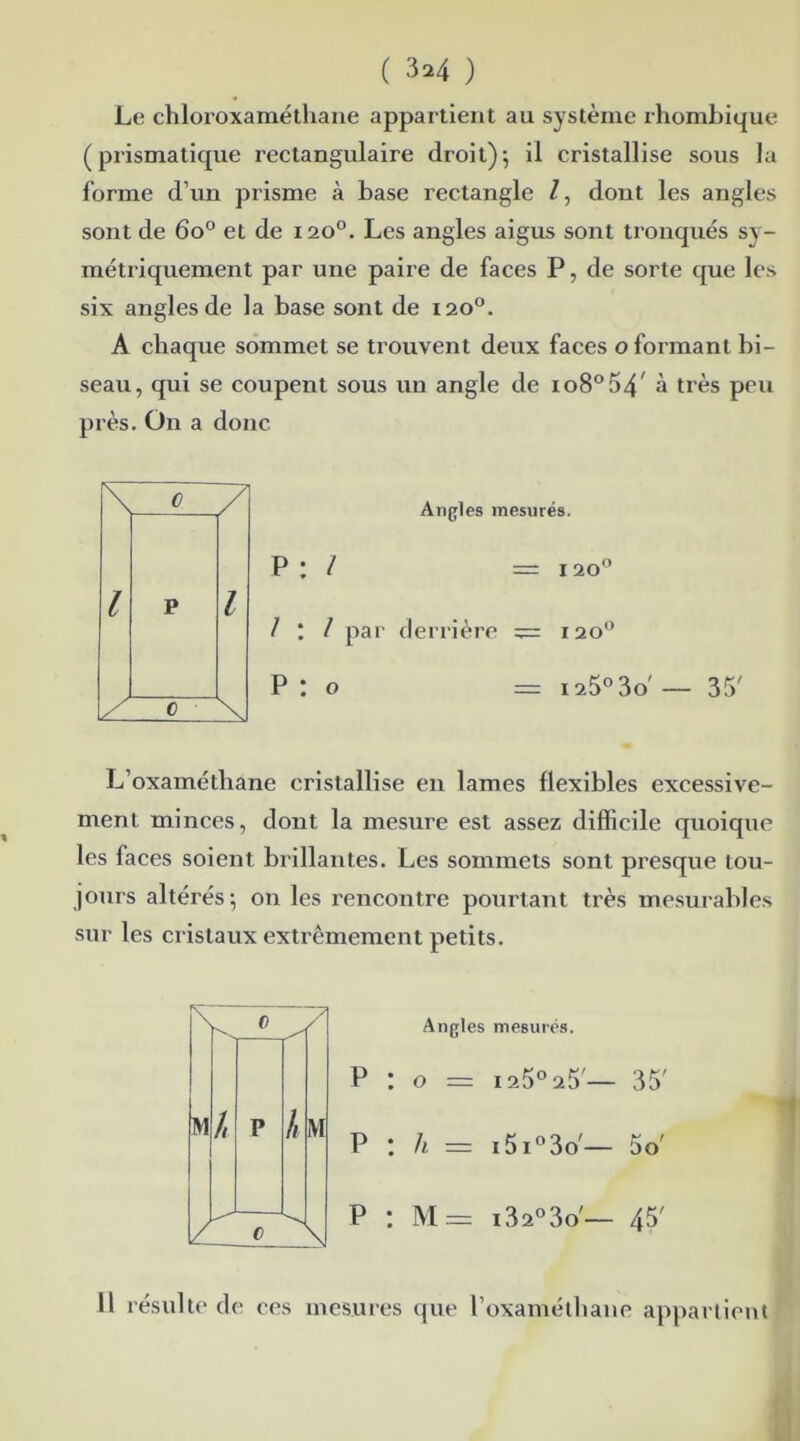 Le chloroxaméthane appartient au système rhombique (prismatique rectangulaire droit)-, il cristallise sous la forme d’un prisme à base rectangle /, dont les angles sont de 6o° et de 1200. Les angles aigus sont tronqués sy- métriquement par une paire de faces P, de sorte que les six angles de la base sont de 120°. A chaque sommet se trouvent deux faces o formant bi- seau, qui se coupent sous un angle de ioB0^' à très peu près. O11 a donc \ c 7 l P l c \ Angles mesurés. P : / = 120° / ; / par derrière = 120° P : o = i25°3o' 35' L’oxaméthane cristallise en lames flexibles excessive- ment minces, dont la mesure est assez difficile quoique les faces soient brillantes. Les sommets sont presque tou- jours altérés-, on les rencontre pourtant très mesurables sur les cristaux extrêmement petits. Angles mesurés. P ! O = I25°25' 35' P : h = i5i°3o'— 5o' P : M= i32°3o'— 45' Il résulte de ces mesures que l’oxaméthane appartient