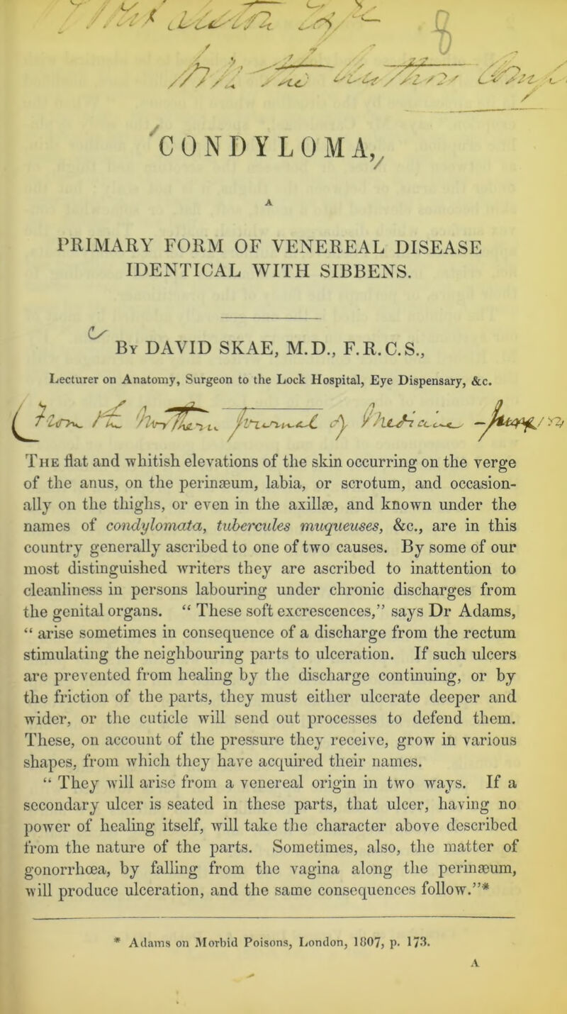 / /M* cLUt/l cti/ / / 7 « 7^7^ '>0 / '■e-S/i,*?-* cvszt c . / CONDYLOMA, ■/ A PRIMARY FORM OF VENEREAL DISEASE IDENTICAL WITH SIBBENS. O By DAVID SKAE, M.D., F.R.C.S., Lecturer on Anatomy, Surgeon to the Lock Hospital, Eye Dispensary, &c. V ^ .j / ^tr>u_ /£ . 'lv~i o*\ '/ e X-£T>u_ /X -tlk 'J’V-luxvl.cU. ^jr Cct The flat and -whitish elevations of the skin occurring on the verge of the anus, on the perinaeum, labia, or scrotum, and occasion- ally on the thighs, or even in the axillae, and known under the names of condylomata, tubercules muqueuses, &c., are in this country generally ascribed to one of two causes. By some of our most distinguished writers they are ascribed to inattention to cleanliness in persons labouring under chronic discharges from the genital organs. “ These soft excrescences,” says Dr Adams, “ arise sometimes in consequence of a discharge from the rectum stimulating the neighbouring parts to ulceration. If such ulcers are prevented from healing by the discharge continuing, or by the friction of the parts, they must either ulcerate deeper and wider, or the cuticle will send out processes to defend them. These, on account of the pressure they receive, grow in various shapes, from which they have acquired their names. “ They will arise from a venereal origin in two ways. If a secondary ulcer is seated in these parts, that ulcer, having no power of healing itself, wrill take the character above described from the nature of the parts. Sometimes, also, the matter of gonorrhoea, by falling from the vagina along the perinaeum, will produce ulceration, and the same consequences follow.”* Adams on Morbid Poisons, London, 1807, p. 173. A