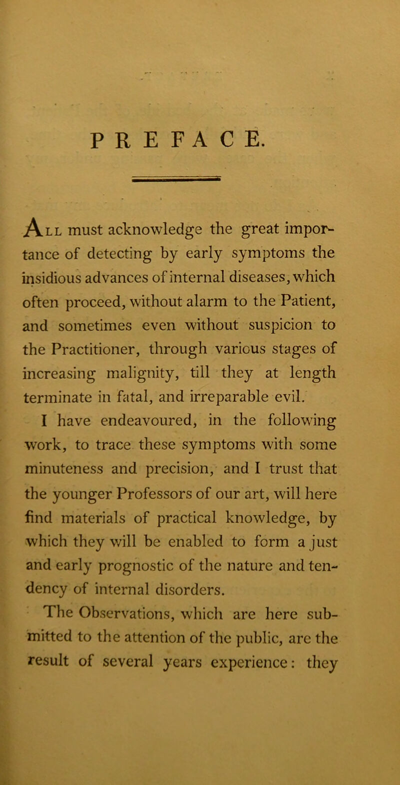 PREFACE. All must acknowledge the great impor- tance of detecting by early symptoms the insidious advances of internal diseases, which often proceed, without alarm to the Patient, and sometimes even without suspicion to the Practitioner, through various stages of increasing malignity, till they at length terminate in fatal, and irreparable evil. I have endeavoured, in the following work, to trace these symptoms with some minuteness and precision, and I trust that the younger Professors of our art, will here find materials of practical knowledge, by which they will be enabled to form a just and early prognostic of the nature and ten- dency of internal disorders. The Observations, which are here sub- mitted to the attention of the public, are the result of several years experience: they