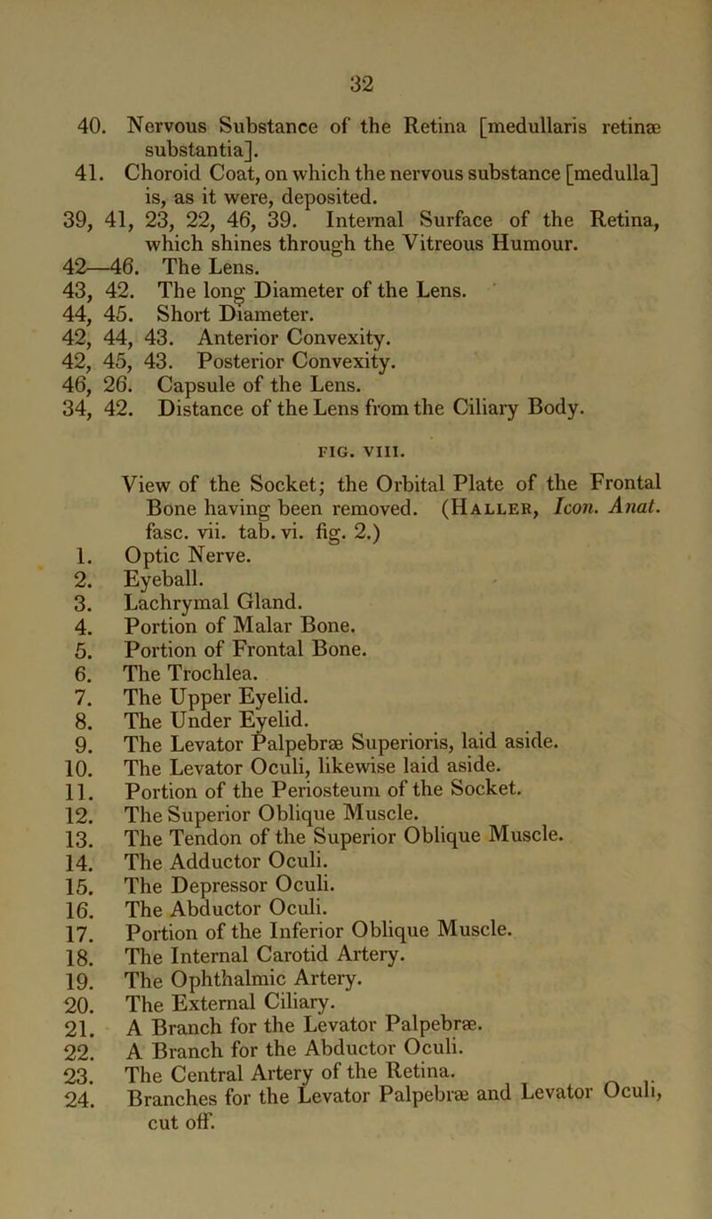 40. Nervous Substance of the Retina [medullaris retina? substantia]. 41. Choroid Coat, on which the nervous substance [medulla] is, as it were, deposited. 39, 41, 23, 22, 46, 39. Internal Surface of the Retina, which shines through the Vitreous Humour. 42—46. The Lens. 43, 42. The long Diameter of the Lens. 44, 45. Short Diameter. 42, 44, 43. Anterior Convexity. 42, 45, 43. Posterior Convexity. 46, 26. Capsule of the Lens. 34, 42. Distance of the Lens from the Ciliary Body. FIG. VIII. View of the Socket; the Orbital Plate of the Frontal Bone having been removed. (Haller, Icon. Anat. fasc. vii. tab. vi. fig. 2.) 1. Optic Nerve. 2. Eyeball. 3. Lachrymal Gland. 4. Portion of Malar Bone. 5. Portion of Frontal Bone. 6. The Trochlea. 7. The Upper Eyelid. 8. The Under Eyelid. 9. The Levator Palpebrse Superioris, laid aside. 10. The Levator Oculi, likeudse laid aside. 11. Portion of the Periosteum of the Socket. 12. The Superior Oblique Muscle. 13. The Tendon of the Superior Oblique Muscle. 14. The Adductor Oculi. 15. The Depressor Oculi. 16. The Abductor Oculi. 17. Portion of the Inferior Oblique Muscle. 18. The Internal Carotid Artery. 19. The Ophthalmic Artery. 20. The External Ciliary. 21. A Branch for the Levator Palpebrse. 22. A Branch for the Abductor Oculi. 23. The Central Artery of the Retina. 24. Branches for the Levator Palpebrse and Levator Oculi, cut off.