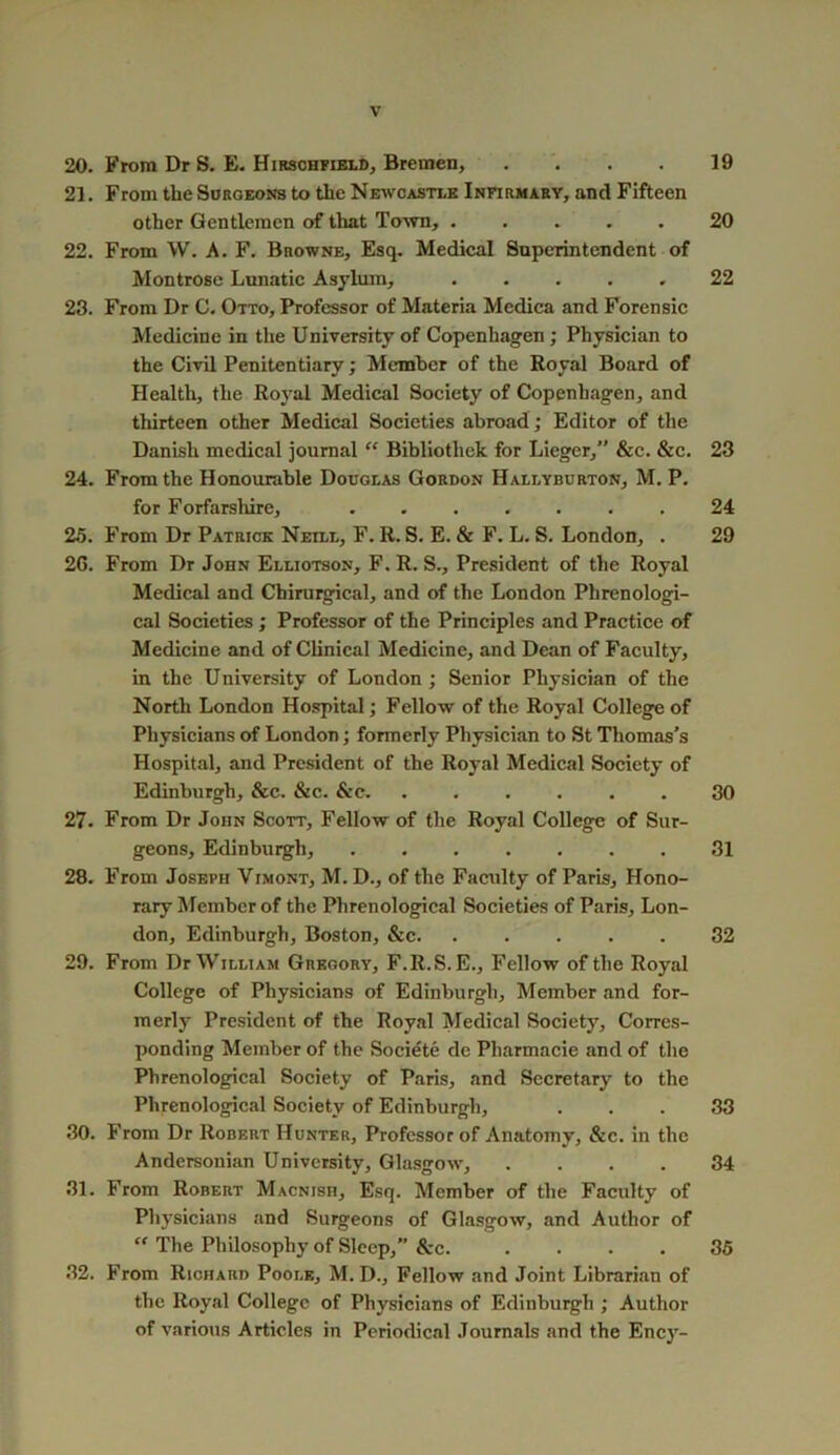 20. From Dr S. E. Hirsohfield, Bremen, . . . . 19 21. From the Surgeons to tlxe Newcastle Infirmary, and Fifteen other Gentlemen of that Town, ..... 20 22. From W. A. F. BnowNE, Esq. Medical Superintendent of Montrose Lunatic Asylum, 22 23. From Dr C. Otto, Professor of Materia Medica and Forensic Medicine in the University of Copenhagen; Physician to the Civil Penitentiary; Member of the Royal Board of Health, the Royal Medical Society of Copenhagen, and thirteen other Medical Societies abroad; Editor of the Danish medical journal “ Bibliothek for Lieger,” &c. &c. 23 24. From the Honourable Douglas Gordon Hallyburton, M. P. for Forfarshire, ....... 24 25. From Dr Patrick Neill, F. R. S. E. & F. L. S. London, . 29 2G. From Dr John Elliotson, F. R. S., President of the Royal Medical and Chirurgical, and of the London Phrenologi- cal Societies ; Professor of the Principles and Practice of Medicine and of Clinical Medicine, and Dean of Faculty, in the University of London ; Senior Physician of the North London Hospital; Fellow of the Royal College of Physicians of London; formerly Physician to St Thomas’s Hospital, and President of the Royal Medical Society of Edinburgh, &c. &c. &c. ...... 30 27. From Dr John Scott, Fellow of the Royal College of Sur- geons, Edinburgh, 31 28. From Joseph Vimont, M. D., of the Faculty of Paris, Hono- rary Member of the Phrenological Societies of Paris, Lon- don, Edinburgh, Boston, &c 32 29. From Dr William Gregory, F.R.S.E., Fellow of the Royal College of Physicians of Edinburgh, Member and for- merly President of the Royal Medical Society, Corres- ponding Member of the Societe de Pharmacie and of the Phrenological Society of Paris, and Secretary to the Phrenological Society of Edinburgh, ... 33 30. From Dr Robert Hunter, Professor of Anatomy, &c. in the Andersonian University, Glasgow, .... 34 31. From Robert Macnish, Esq. Member of the Faculty of Physicians and Surgeons of Glasgow, and Author of “ The Philosophy of Sleep,” &c. .... 35 32. From Richard Poole, M. D., Fellow and Joint Librarian of the Royal College of Physicians of Edinburgh ; Author of various Articles in Periodical Journals and the Ency-