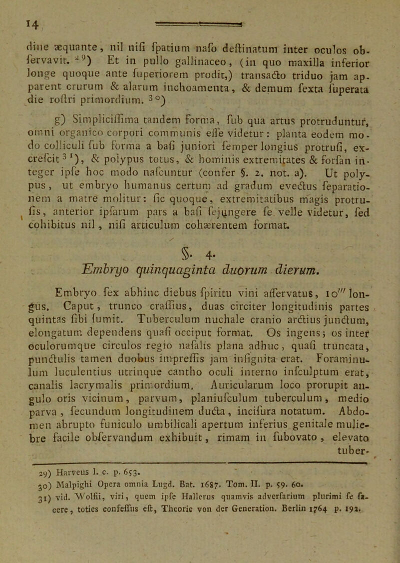 tjine aequante, nil nifi fpatiurn nafo deftinatum inter oculos ob- fervavit. ~9) Et in pullo gallinaceo, (in quo maxilla inferior longe quoque ante fuperiorem prodic,) transacto triduo jam ap- parent crurum & alarum inchoamenta, & demum fexta fuperata die roftri primordium. 3o) g) Simpliciflima tandem forma, fub qua artus protruduntur, omni organico corpori communis eile videtur: planta eodem mo- do colliculi fub forma a bafi juniori femper longius protrufi, ex- crefcit3'), & polypus totus, & hominis extremitates & forfan in- teger ipfe hoc modo nafcuntur (confer §. 2. not. a). Ut poly- pus , ut embryo humanus certum ad gradum evedus feparatio- nem a matre molitur: fic quoque, extremitatibus magis protru- fis, anterior ipfarum pars a bafi fej^ngere fe velle videtur, fed cohibitus nil, nifi articulum cohaerentem format. 5- 4- Embryo quinquaginta duorum dierum. Embryo fex abhinc diebus fpiritu vini affervatus, io' lon- gus. Caput, trunco craiTius, duas circiter longitudinis partes quintas fibi fumit. Tuberculum nuchale cranio arclius jundum, elongatum dependens quafi occiput format. Os ingens ; os inter oculorumque circulos regio nafalis plana adhuc, quafi truncata, pundulis tamen duobus impreffis jam infignita erat. Foraminu- lum luculentius utrinque cantho oculi interno infculptum erat, canalis lacrymalis primordium, Auricularum loco prorupit an- gulo oris vicinum, parvum, planiufculum tuberculum, medio parva, fecundum longitudinem duda, incifura notatum. Abdo- men abrupto funiculo umbilicali apertum inferius genitale mulie- bre facile obfervandum exhibuit, rimam in fubovato , elevato tuber- 29) Harveus 1. c. p. 653. 50) Malpighi Opera omnia Lugd. Bat. 1687. Tom. II. p. 59. 60. 31) vid. ‘Wolfii, viri, quem ipfe Hallerus quamvis adverfarium plurimi fe fa- cere, toties confeffus eft, Theorie von der Gencration. Berlin 1764 p. 192.