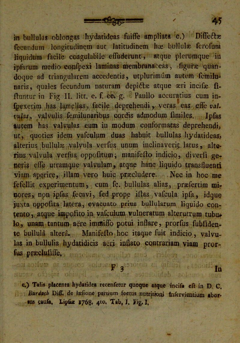 in bullulas oblongas Iiydatideas fuifle ampliata c.) Difleftie fecundum longitudinem aut latitudinem has bullulas ferofum liquidum facile coagulabiie effuderunt , atque plerumque in ipfarum medio confpexi laminas membranaceas, figuras quan- doque ad triangularem accedentis, utplurimtiin autefn femilu- naris, quales fecundum naturam depi6be atque seri incifas li- fttirttur in Fig II. litt, e. f. ee* g. Paullo accuratius cum in- fpexerim has lamellas, facile deprehendi, veraseas efle val. vu[asy valvulis feinilunaribps cordis admodum limiles. Ipfas autem has valvulas eum iu modum conformatas deprehendi, ut, quoties idem vafculpm duas habuit bullulas Iiydatideas, alterius bullulse valyula verfus unum inclinaverim latus, alte- rius valvula verfus oppofitum; manifelto indicio, diverli ge- neris effe utramque valvulam, atque hanc liquido transfluenti viam apqrire, illam vero huic praecludere. .Nec in hoc me fefellit experimentum, cum fc. bullulas alias, prasfertim mi- nores, npn ipfas (ecavi, fed prope illas vafcqla ipfa, idque juxta oppofita, latera, evacuato prius bullularum liquido con- tento, atque impolito in vafculum vulneratum alterutrum tubu» lo, unam tantum aere immiffo potui inflare, prorfus fubliden- te bulluld altera. Manifelto hoc itaque fuit indicio, valvu- las in bullulis hydatidicis aeri inflato contrariam viam pror- fus praeclulilfe, F 3 Ia c.) Talis placenta hydatidea reeenfetur quoque atque incifa eft in D. C. Burdacb Diff. de laefione partium foetus nutrittoni lnfervientium abor- tus saufe. Lipfuc 1768. 4to. Tabf I, Fig. I,