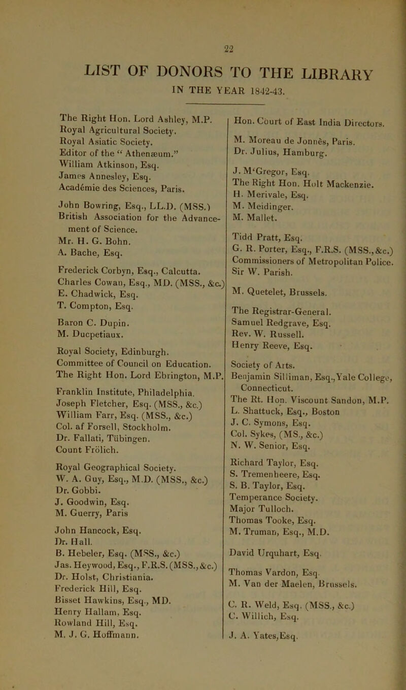 LIST OF DONORS TO THE LIBRARY IN THE YEAR 1842-43. The Right Hon. Lord Ashley, M.P. Royal Agricultural Society. Royal Asiatic Society. Editor of the “ Athenaeum.” William Atkinson, Esq. James Annesley, Esq. Acad^mie des Sciences, Paris. John Bowring, Esq., LL.D. (MSS.) British Association for the Advance- ment of Science. Mr. H.G. Bohn. A. Bache, Esq. Frederick Corbyn, Esq., Calcutta. Charles Cowan, Esq., MD. (MSS., &c.) E. Chadwick, Esq. T. Compton, Esq. Baron C. Dupin. M. Ducpetiaux. Royal Society, Edinburgh. Committee of Council on Education. The Right Hon. Lord Ebrington, M.P. Franklin Institute, Philadelphia. Joseph Fletcher, Esq. (MSS., &c.) William Farr, Esq. (MSS., &c.) Col. af Forsell, Stockholm. Dr. Fallati, Tubingen. Count Frdlich. Royal Geographical Society. W. A. Guy, Esq., M.D. (MSS., &c.) Dr. Gobbi. J. Goodwin, Esq. M. Guerry, Paris John Hancock, Esq. Dr. Hall. B. Hebeler, Esq. (MSS., &c.) Jas. Heywood, Esq., F.R.S. (MSS.,&c.) Dr. Holst, Christiania. Frederick Hill, Esq. Bisset Hawkins, Esq., MD. Henry Hallam, Esq. Rowland Hill, Esq. M. J. G. Hoffmann. Hon. Court of East India Directors. M. Moreau de Jonnes, Paris. Dr. Julius, Hamburg. J. M'Gregor, Esq. The Right Hon. Holt Mackenzie. H. Merivale, Esq. M. Meidinger. M. Mallet. Tidd Pratt, Esq. G. R. Porter, Esq., F.R.S. (MSS.,&c.) Commissioners of Metropolitan Police. Sir W. Parish. M. Quetelet, Brussels. The Registrar-General. Samuel Redgrave, Esq. Rev. W. Russell. Henry Reeve, Esq. Society of Arts. Benjamin Silliman, Esq.,Yale College, Connecticut. The Rt. Hop. Viscount Sandon, M.P. L. Shattuck, Esq., Boston J. C. Symons, Esq. Col. Sykes, (MS., &c.) N. W. Senior, Esq. Richard Taylor, Esq. S. Tremenheere, Esq. S. B. Taylor, Esq. Temperance Society. Major Tulloch. Thomas Tooke, Esq. M. Truman, Esq., M.D. David Urquhart, Esq. Thomas Vardon, Esq M. Van der Maelen, Brussels. C. R. Weld, Esq. (MSS., &c.) C. Willich, Esq. J. A. Yates,Esq.