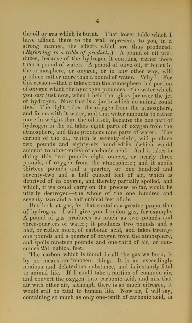 the oil or gas which is burnt. That lower table which I have affixed there to the wall represents to you, in a strong manner, the effects which are thus produced. (Referring to a table of products.) A pound of oil pro- duces, because of the hydrogen it contains, rather more than a pound of water. A pound of olive oil, if burnt in the atmosphere, or oxygen, or in any other way, will produce rather more than a pound of water. Why ? For this reason—that it takes from the atmosphere that portion of oxygen which the hydrogen produces—the water which you saw just now, when I held that glass jar over the jet of hydrogen. Now that is a jar in which no animal could live. The light takes the oxygen from the atmosphere, and forms with it water, and that water amounts to rather more in weight than the oil itself, because the one part of hydrogen in the oil takes eight parts of oxygen from the atmosphere, and thus produces nine parts of water. The carbon of the oil, which is seventy-eight, will produce two pounds and eighty-six hundredths (which would amount to nine-tenths) of carbonic acid. And it takes in doing this two pounds eight ounces, or nearly three pounds, of oxygen from the atmosphere; and it spoils thirteen pounds and a quarter, or one hundred and seventy-two and a half cubical feet of air, which is deprived of its oxygen, and thereby partially spoiled, and which, if we could carry on the process so far, would be utterly destroyed—the whole of the one hundred and seventy-two and a half cubical feet of air. But look at gas, for that contains a greater proportion of hydrogen. I will give you London gas, for example. A pound of gas produces as much as two pounds and three-quarters of water; it produces two pounds and a half, or rather more, of carbonic acid, and takes twenty- one pounds and a quarter of oxygen from the atmosphere, and spoils nineteen pounds and one-third of air, or con- sumes 251 cubical feet. The carbon which is found in all the gas we burn, is by no means an innocent thing. It is an exceedingly noxious and deleterious substance, and is instantly fatal to animal life. If I could take a portion of common air, and convert the oxygen into carbonic acid, and mix that air with other air, although there is so much nitrogen, it would still be fatal to human life. Now air, I will say, containing so much as only one-tenth of carbonic acid, is