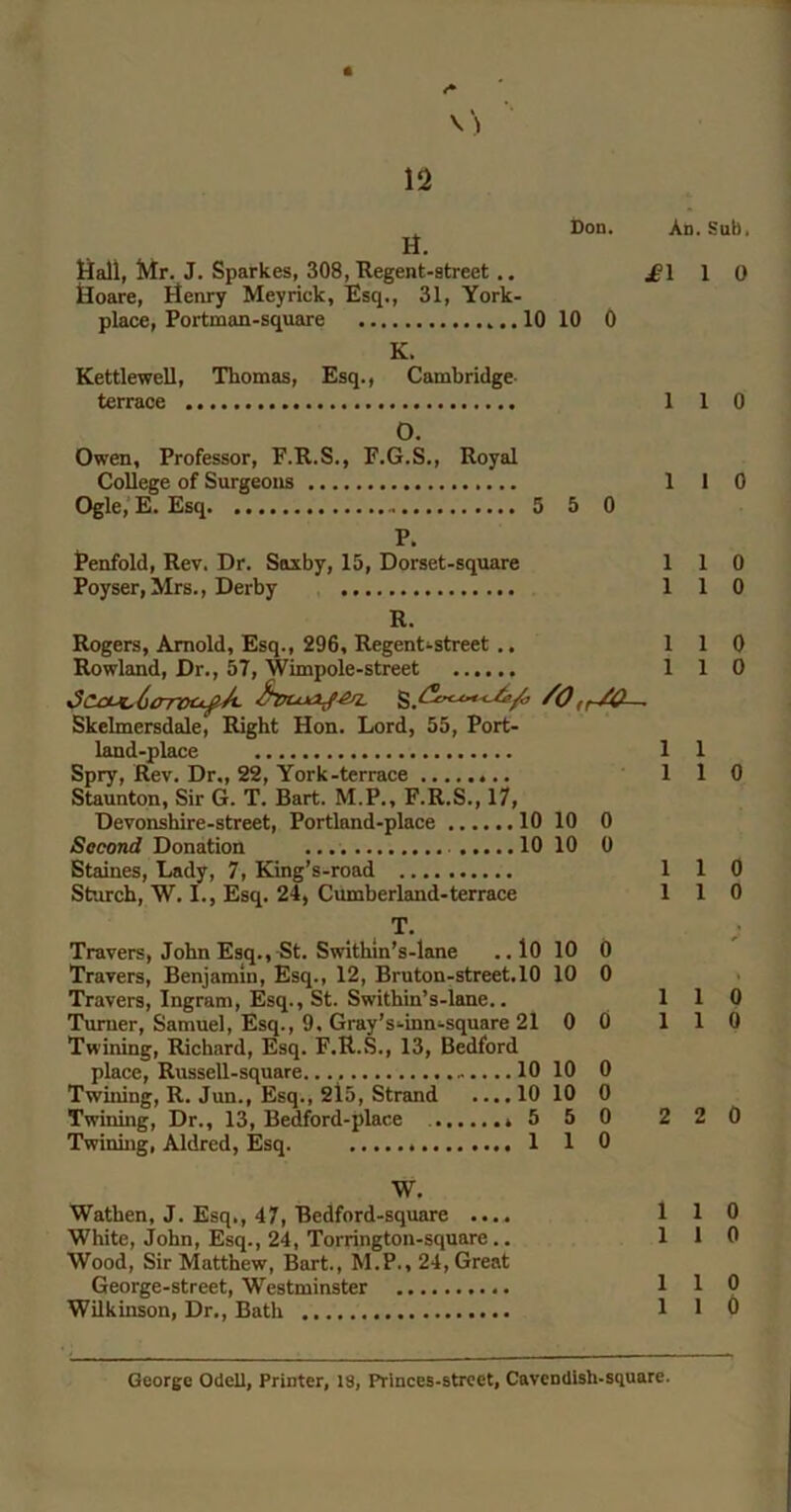 Son. Ad. Sub, H. tiall, Mr. J. Sparkes, 308, Regent-street.. iloare, iJenry Meyrick, Esq., 31, York- place, Portman-square 10 10 0 K. Kettlewell, Thomas, Esq., Cambridge terrace 0. Owen, Professor, F.R.S., F.G.S., Royal College of Surgeons Ogle,'E. Esq 3 5 0 P. tenfold, Rev. Dr. Saxby, 15, Dorset-square Poyser,Mrs., Derby R. Rogers, Arnold, Esq., 296, Regenti-street .. Rowland, Dr., 57, Wimpole-street ^(UtJL'^OTnOU^Jl- /O Skelmersdale, Right Hon. Lord, 55, Port- land-place Spry, Rev. Dr,, 22, York-terrace Staunton, Sir G. T. Bart. M.P., F.R.S., 17, Devonshire-street, Portland-place 10 10 0 Second Donation 10 10 0 Staines, Lady, 7, King’s-road Sturcb, W. 1., Esq. 24, Cumberland-terrace T. Travers, John Esq., St. Switbm’s-lane ,.l0 10 0 Travers, Benjamin, Esq., 12, Bruton-street.lO 10 0 Travers, Ingram, Esq., St. Swithin’s-lane.. Turner, Samuel, Esq., 9. Gray’s-inn-square 21 0 0 Twining, Richard, Esq. F.R.S., 13, Bedford place, Russell-square — ..10 10 0 Twining, R. Jun., Esq., 2l5, Strand ....10 10 0 Twinhig, Dr., 13, Bedford-place *5 5 0 Twinuig, Aldred, Esq. 1 1 0 W. Wathen, J. Esq,, 47, Bedford-square .... White, John, Esq., 24, Torrington-square.. Wood, Sir Matthew, Bart., M.P., 24, Great George-street, Westminster Wilkinson, Dr., Bath £l 1 0 1 1 0 1 I 0 1 1 0 1 1 0 1 1 0 1 1 0 1 1 1 1 0 1 1 0 1 1 0 1 1 d 1 1 0 2 2 0 1 1 0 1 I 0 1 1 0 1 1 0 George Odell, Printer, 18, Princes-strcet, Cavendlsh-square.