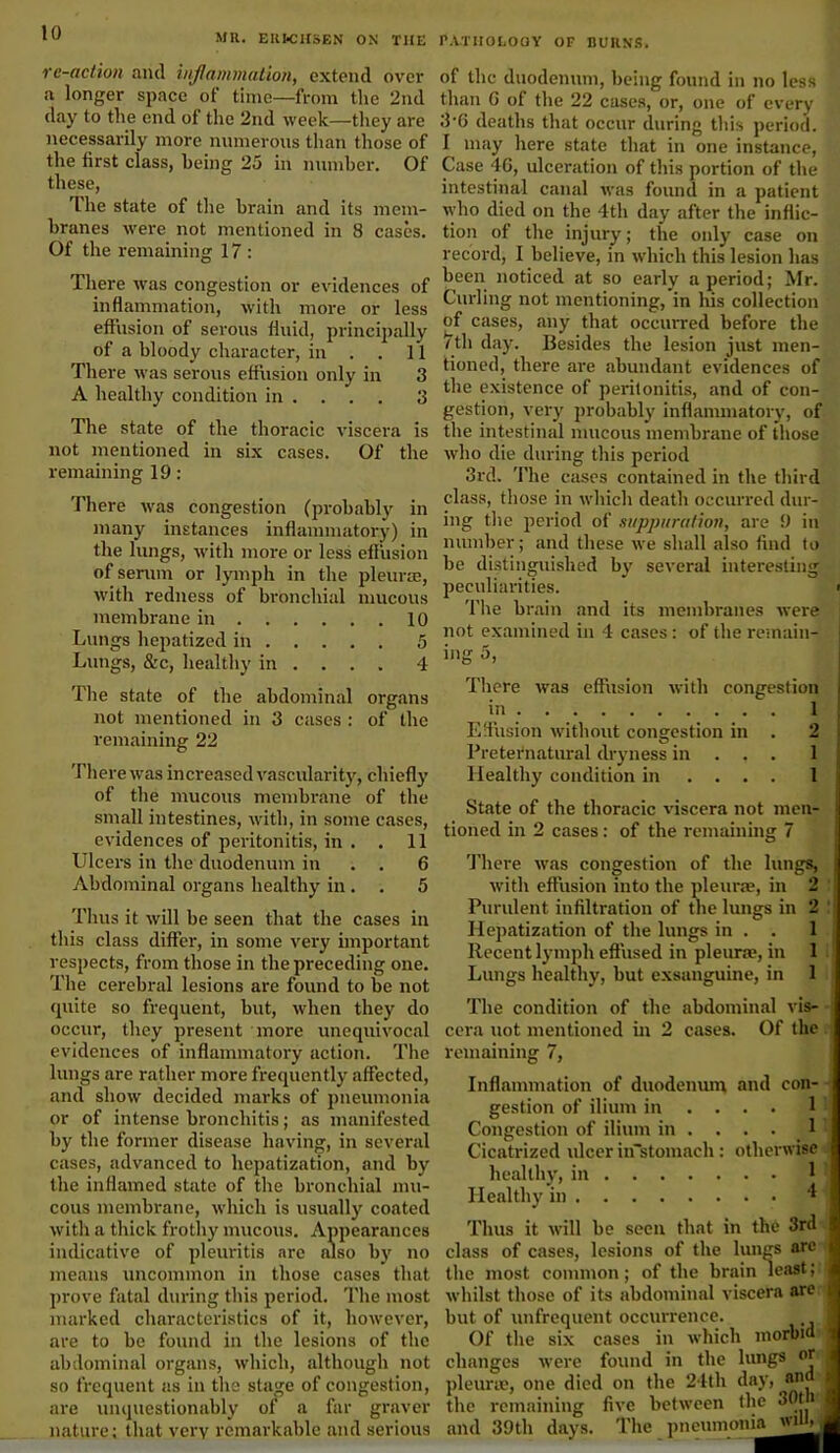 re-action arid inflammation, extend over a longer space of time—from the 2nd day to the end of the 2nd week—they are necessarily more numerous than those of the first class, being 25 in number. Of these, The state of the brain and its mem- branes were not mentioned in 8 cases. Of the remaining 17 : There was congestion or evidences of inflammation, with more or less effusion of serous fluid, principally of a bloody character, in . . 11 There was serous effusion only in 3 A healthy condition in ... . 3 The state of the thoracic viscera is not mentioned in six cases. Of the remaining 19: There was congestion (probably in many instances inflammatory) in the lungs, with more or less effusion of serum or lymph in the pleura;, with redness of bronchial mucous membrane in 10 Lungs hepatized in 5 Lungs, &c, healthy in ... . 4 The state of the abdominal organs not mentioned in 3 cases : of the remaining 22 There was increased vascularity, chief!)’ of the mucous membrane of the small intestines, with, in some cases, evidences of peritonitis, in . . 11 Ulcers in the duodenum in . . 6 Abdominal organs healthy in. . 5 Thus it will be seen that the cases in this class differ, in some very important respects, from those in the preceding one. The cerebral lesions are found to be not quite so frequent, but, when they do occur, they present more unequivocal evidences of inflammatory action. The lungs are rather more frequently affected, and show decided marks of pneumonia or of intense bronchitis; as manifested by the former disease having, in several cases, advanced to hepatization, and by the inflamed state of the bronchial mu- cous membrane, which is usually coated with a thick frothy mucous. Appearances indicative of pleuritis are also by no means uncommon in those cases that prove fatal during this period. The most marked characteristics of it, however, are to be found in the lesions of the abdominal organs, which, although not so frequent as in the stage of congestion, are unquestionably of a far graver nature; that very remarkable and serious of the duodenum, being found in no less than G of the 22 cases, or, one of every 3*6 deaths that occur during this period. I may here state that in one instance, Case 46, ulceration of this portion of the intestinal canal was found in a patient who died on the 4th day after the inflic- tion of the injury; the only case on record, I believe, in which this lesion has been noticed at so early a period; Mr. Curling not mentioning, in Iris collection of cases, any that occurred before the 7th day. Besides the lesion just men- tioned, there are abundant evidences of the existence of peritonitis, and of con- gestion, very probably inflammatory, of the intestinal mucous membrane of those who die during this period 3rd. The cases contained in the third class, those in which death occurred dur- ing the period of suppuration, are 9 in number; and these we shall also find to be distinguished by several interesting peculiarities. > The brain and its membranes were not examined in 4 cases: of the remain- ing 5, There was effusion with congestion in 1 ! Effusion without congestion in . 2 . Preternatural dryness in . , . 1 Healthy condition in ... . 1 State of the thoracic viscera not men- tioned in 2 cases: of the remaining 7 There was congestion of the lungs, with effusion into the pleurae, in 2 Purulent infiltration of the lungs in 2 Hepatization of the lungs in . . 1 Recent lymph effused in pleurae, in 1 Lungs healthy, but exsanguine, in 1 The condition of the abdominal vis- ; cera not mentioned in 2 cases. Of the remaining 7, Inflammation of duodenum and con- gestion of ilium in ... . 1 Congestion of ilium in . . . . 1 Cicatrized ulcer iifstomach: otherwise healthy, in 1 Healthy in * Thus it will be seen that in the 3rd class of cases, lesions of the lungs are i the most common; of the brain least; < whilst those of its abdominal viscera are i but of unfrequent occurrence. j Of the six cases in which morbid ( changes were found in the lungs or pleurae, one died on the 24th day, and the remaining five between the 30t and 39th days. The pncmnonii^v^HB