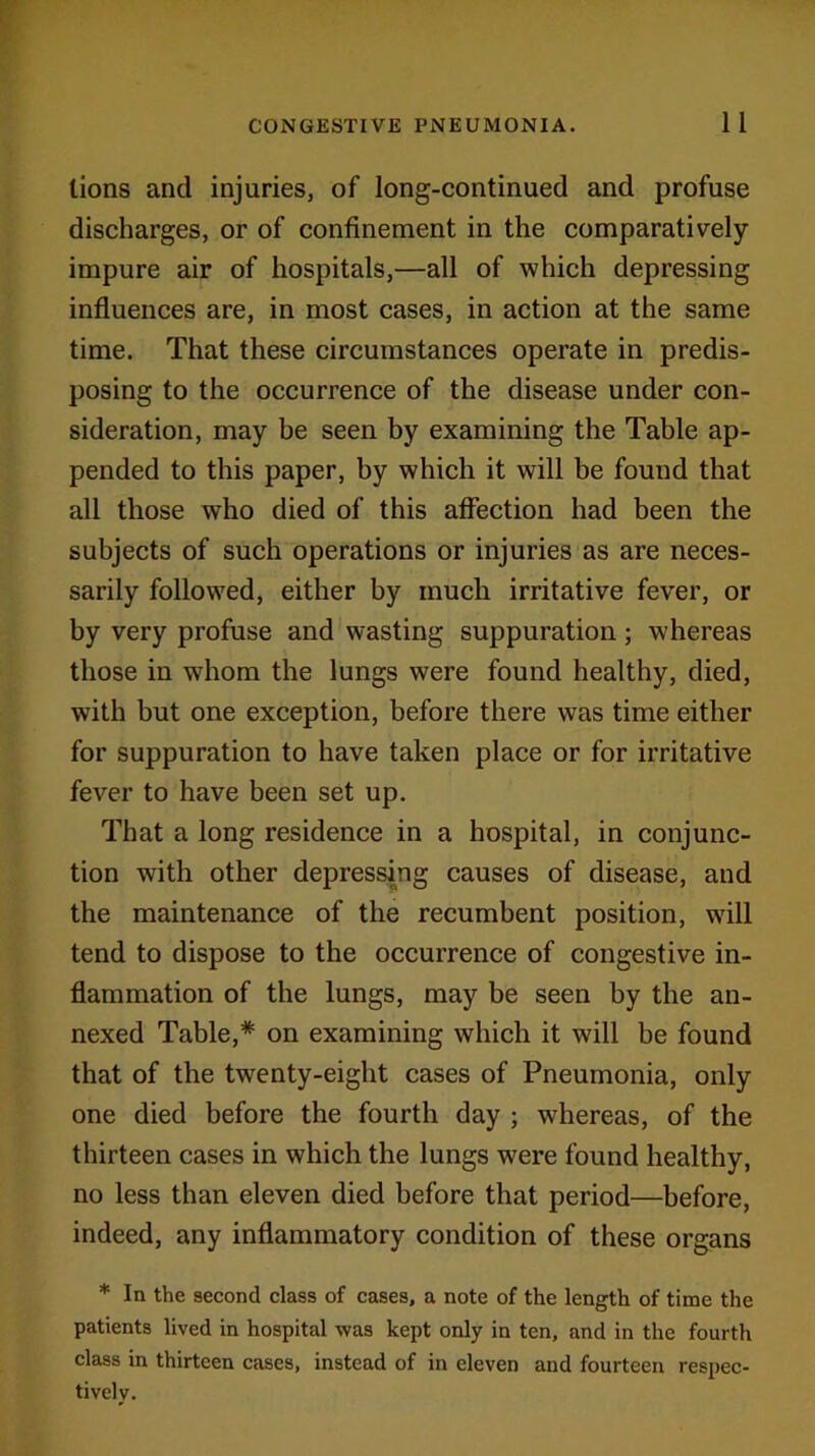lions and injuries, of long-continued and profuse discharges, or of confinement in the comparatively impure air of hospitals,—all of which depressing influences are, in most cases, in action at the same time. That these circumstances operate in predis- posing to the occurrence of the disease under con- sideration, may be seen by examining the Table ap- pended to this paper, by which it will be found that all those who died of this affection had been the subjects of such operations or injuries as are neces- sarily followed, either by much irritative fever, or by very profuse and wasting suppuration; whereas those in whom the lungs were found healthy, died, with but one exception, before there was time either for suppuration to have taken place or for irritative fever to have been set up. That a long residence in a hospital, in conjunc- tion with other depressing causes of disease, and the maintenance of the recumbent position, will tend to dispose to the occurrence of congestive in- flammation of the lungs, may be seen by the an- nexed Table,* on examining which it will be found that of the twrenty-eight cases of Pneumonia, only one died before the fourth day ; whereas, of the thirteen cases in which the lungs were found healthy, no less than eleven died before that period—before, indeed, any inflammatory condition of these organs * In the second class of cases, a note of the length of time the patients lived in hospital was kept only in ten, and in the fourth class in thirteen cases, instead of in eleven and fourteen respec- tively.