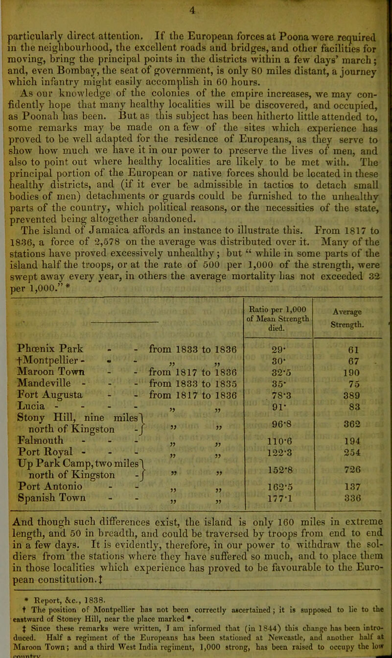 particularly direct attention. If the European forces at Poona were required m the neighbourhood, the excellent roads and bridges, and other facilities for moving, bring the principal points in the districts within a few days’ march; and, even Bombay, the seat of government, is only 80 miles distant, a journey which infantry might easily accomplish in 60 hours. As our knowledge of the colonies of the empire increases, we may con- fidently hope that many healthy localities will be discovered, and occupied, as Poonah has been. But as this subject has been hitherto little attended to, some remarks may be made on a few of the sites which experience has proved to be well adapted for the residence of Europeans, as they serve to show how much we have it in our power to preserve the lives of men, and also to point out where healthy localities are likely to be met with. The principal portion of the European or native forces should be located in these healthy districts, and (if it ever be admissible in tactics to detach small bodies of men) detachments or guards could be furnished to the unhealthy parts of the country, which political reasons, or the necessities of the state, prevented being altogether abandoned. The island of Jamaica affords an instance to illustrate this. From 1817 to 18-36, a force of 2,578 on the average was distributed over it. Many of the stations have proved excessively unhealthy; but “ while in some parts of the island half the troops, or at the rate of 500 per 1,000 of the strength, were swept away every year, in others the average mortality has not exceeded 32 per 1,000.”* Ratio per 1,000 of Mean Strength Average died. Strength. Phoenix Park from 1833 to 1836 29- 61 fMontpellier - - - yy yy 30- 67 Maroon Town from 1817 to 1836 32’5 190 Mandeville - from 1833 to 1835 35* 75 Fort Augusta from 1817 to 1836 , 78*3 389 Lucia - - - - yy 91* 83 Stony Hill, nine miles) north of Kingston - J yy 96*8 362 Falmouth - yy yj 110*6 194 Port Royal - Up Park Camp, two miles^ yy yy 122*3 152*8 254 726 north of Kingston yy Port Antonio yy yy 162*5 137 Spanish Town yy yy 177*1 336 And though such differences exist, the island is only 160 miles in extreme length, and 50 in breadth, and could be traversed by troops from end to end in a few days. It is evidently, therefore, in our power to withdraw the sol- diers from the stations where they have suffered so much, and to place them in those localities which experience has proved to be favourable to the Euro- pean constitution, t * Report, &c., 1838. t The position of Montpellier has not been correctly ascertained ; it is supposed to lie to the eastward of Stoney Hill, near the place marked •. t Since these remarks were written, 1 am informed that {in 1844) this change has Irecn intro- duced. Half a regiment of the Europcan.s has been stationed at Newcastle, and another half at Maroon Town; and a third M''e3t India regiment, 1,000 strong, has been raised to occupy the low i'Aiinfirv. -