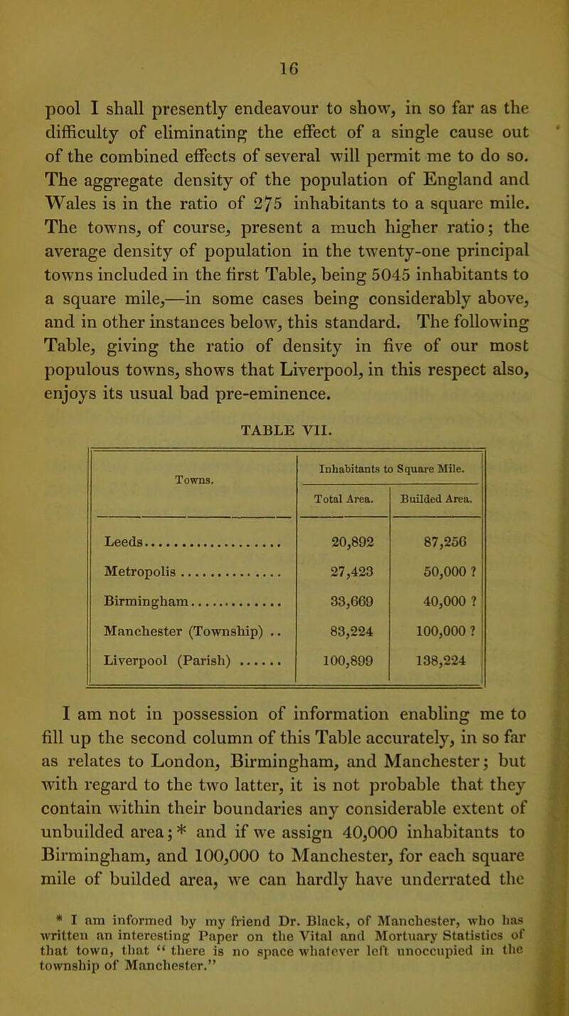 1G pool I shall presently endeavour to show, in so far as the difficulty of eliminating the effect of a single cause out of the combined effects of several will permit me to do so. The aggregate density of the population of England and Wales is in the ratio of 275 inhabitants to a square mile. The towns, of course, present a much higher ratio; the average density of population in the twenty-one principal towns included in the first Table, being 5045 inhabitants to a square mile,—in some cases being considerably above, and in other instances below, this standard. The following Table, giving the ratio of density in five of our most populous towns, shows that Liverpool, in this respect also, enjoys its usual bad pre-eminence. TABLE VII. Towns. Inhabitants to Square Mile. Total Area. Builded Area. Leeds 20,892 87,256 Metropolis 27,423 50,000 ? Birmingham 33,669 40,000 ? Manchester (Township) .. 83,224 100,000 ? Liverpool (Parish) 100,899 138,224 I am not in possession of information enabling me to fill up the second column of this Table accurately, in so far as relates to London, Birmingham, and Manchester; but with regard to the two latter, it is not probable that they contain within their boundaries any considerable extent of unbuilded area; * and if we assign 40,000 inhabitants to Birmingham, and 100,000 to Manchester, for each square mile of budded area, we can hardly have underrated the * I am informed by my friend Dr. Black, of Manchester, who has written an interesting Paper on the Vital and Mortuary Statistics of that town, that “ there is no space whatever left unoccupied in the township of Manchester.”