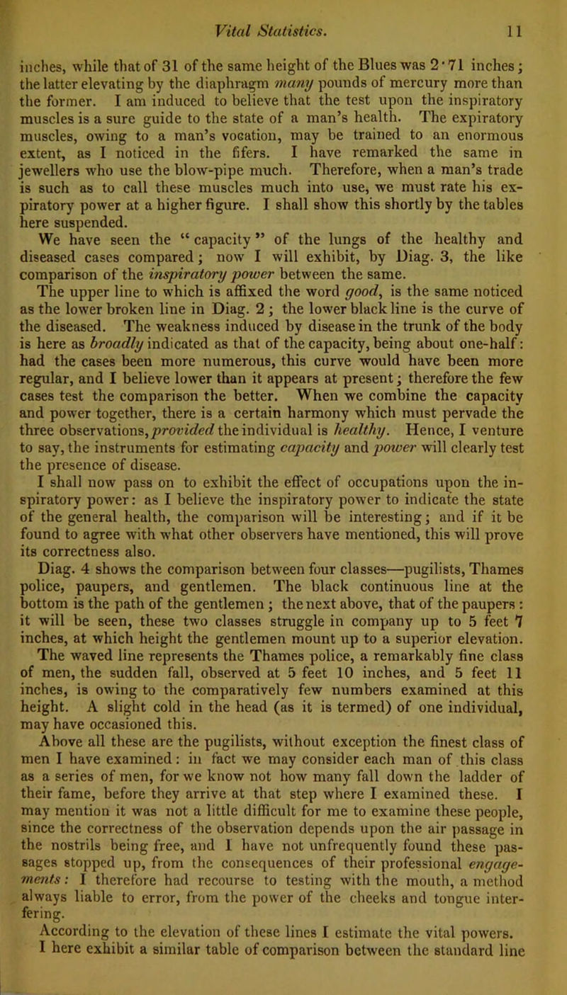 inches, while that of 31 of the same height of the Blues was 2 • 71 inches; the latter elevating by the diaphragm many pounds of mercury more than the former. I am induced to believe that the test upon the inspiratory muscles is a sure guide to the state of a man’s health. The expiratory muscles, owing to a man’s vocation, may be trained to an enormous extent, as I noticed in the fifers. I have remarked the same in jewellers who use the blow-pipe much. Therefore, when a man’s trade is such as to call these muscles much into use, we must rate his ex- piratory power at a higher figure. I shall show this shortly by the tables here suspended. We have seen the “ capacity ” of the lungs of the healthy and diseased cases compared ; now I will exhibit, by Diag. 3, the like comparison of the inspiratory power between the same. The upper line to which is affixed the word good, is the same noticed as the lower broken line in Diag. 2 ; the lower black line is the curve of the diseased. The weakness induced by disease in the trunk of the body is here as broadly indicated as that of the capacity, being about one-half: had the cases been more numerous, this curve would have been more regular, and I believe lower than it appears at present; therefore the few cases test the comparison the better. When we combine the capacity and power together, there is a certain harmony wThich must pervade the three observations,/)r0iuG?ec? the individual is healthy. Hence, I venture to say, the instruments for estimating capacity and power will clearly test the presence of disease. I shall now pass on to exhibit the effect of occupations upon the in- spiratory power: as I believe the inspiratory power to indicate the state of the general health, the comparison will be interesting; and if it be found to agree with what other observers have mentioned, this will prove its correctness also. Diag. 4 shows the comparison between four classes—pugilists, Thames police, paupers, and gentlemen. The black continuous line at the bottom is the path of the gentlemen; the next above, that of the paupers: it will be seen, these two classes struggle in company up to 5 feet 7 inches, at which height the gentlemen mount up to a superior elevation. The waved line represents the Thames police, a remarkably fine class of men, the sudden fall, observed at 5 feet 10 inches, and 5 feet 11 inches, is owing to the comparatively few numbers examined at this height. A slight cold in the head (as it is termed) of one individual, may have occasioned this. Above all these are the pugilists, without exception the finest class of men I have examined: in fact we may consider each man of this class as a series of men, for we know not how many fall down the ladder of their fame, before they arrive at that step where I examined these. I may mention it was not a little difficult for me to examine these people, since the correctness of the observation depends upon the air passage in the nostrils being free, and I have not unfrequently found these pas- sages stopped up, from the consequences of their professional engage- ments : I therefore had recourse to testing with the mouth, a method always liable to error, from the power of the cheeks and tongue inter- fering. According to the elevation of these lines I estimate the vital powers. I here exhibit a similar table of comparison between the standard line
