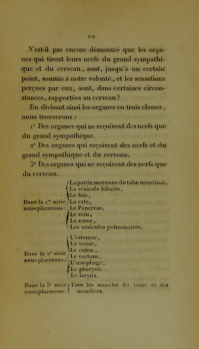 IVest-il pas encore démontré que les orga- nes qui tirent leurs nerfs du grand sympathi- que et du cerveau, sont, jusqu’à un certain point, soumis à notre volonté, et les sensations perçues par eux, sont, dans certaines circon- * stances, rapportées au cerveau ? En divisant ainsi les organes en trois classes , nous trouverons : i° Des organes qui ne reçoivent des nerfs que du grand sympathique. 2° Des organes qui reçoivent des nerfs et du grand sympathique et du cerveau. 5° Des organes qui ne reçoivent des nerfs que du cerveau. S La partie moyenne do tube intestinal, La vésicule biliaire, Le foie, La rate, nous placerons : \ Le Pancréas, J Le rein, f Le cœur, 'Les vésicules pulmonaires. Dans la ü série nous placerons : [ L’estomac, a La vessie, (Le colon, /Le rectum, j L’œsophage. S Le pharynx. \Le larynx. Dans la 5 série \ Tous les muscles du troue et des nous placerons: ( membre*. (