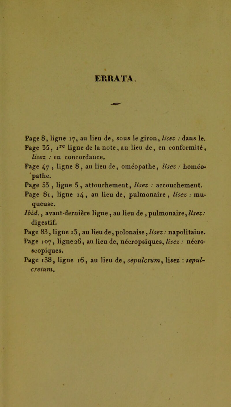 ERRATA. Page 8, ligne 17, au lieu de, sous le giron, lisez : dans le. Page 35, i*® ligne de la note, au lieu de, en conformité, lisez : en concordance. Page i,’] , ligne 8, au lieu de, oméopathe, lisez : homéo* 'pathe. Page 55 , ligne 5, attouchement, lisez ; accouchement. Page 81, ligne 14, au lieu de, pulmonaire, ZjVcz .• mu- queuse. Ibid., avant-dernière ligne, au lieu de , pulmonaire, ZtVez.' digestif. Page 83, ligne i3, au lieu de, polonaise, lisez : napolitaine. Page 107, ligne 26, au lieu de, nécropsiques, lisez : nécro- scopiques. Page i38, ligne 16, au lieu de, sepulcrum, lisez ; sepuU cretum.
